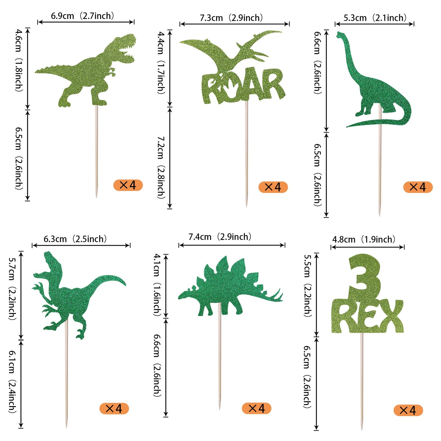 YCTHUNFISH Dinosaur Cupcake Toppers, 24 Pack Glitter Picks, Bamboo, Small, Green, Dino Theme Party Decorations
