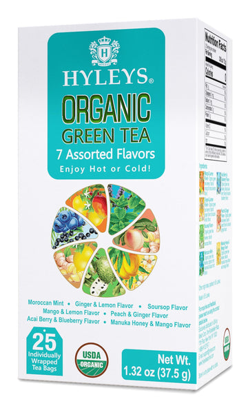 Hyleys Organic Green Tea 7 Assorted Flavors - 25 Tea Bags (12 Pack - 300 Tea Bags Total)