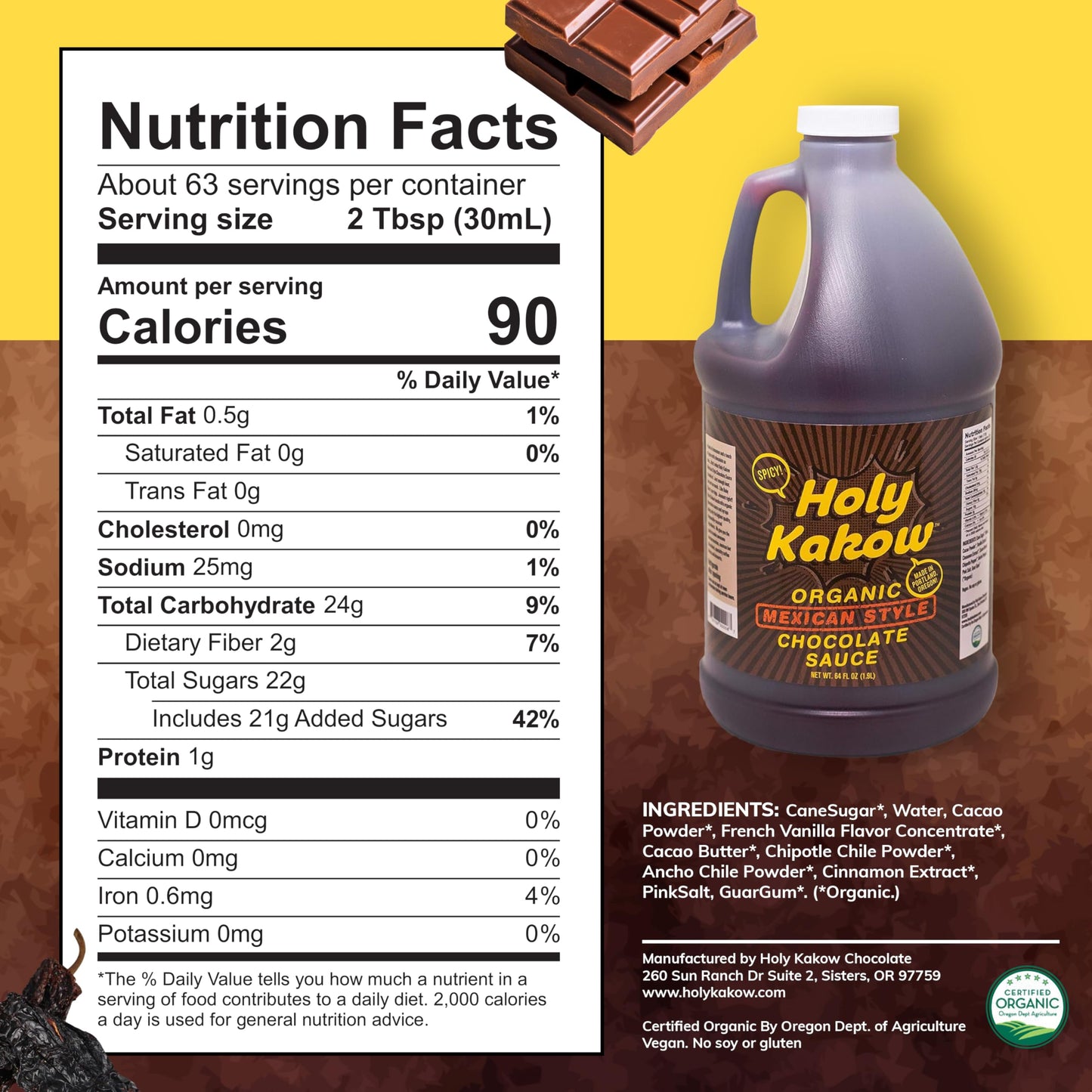 Holy Kakow Organic Chocolate Syrup - Mexican Style, Chocolate Syrup, Chocolate Sauce, Organic Chocolate Sauce, Add To Mochas, Waffles, & Ice Cream, Real Food Ingredients, Specific Flavor - 64Oz