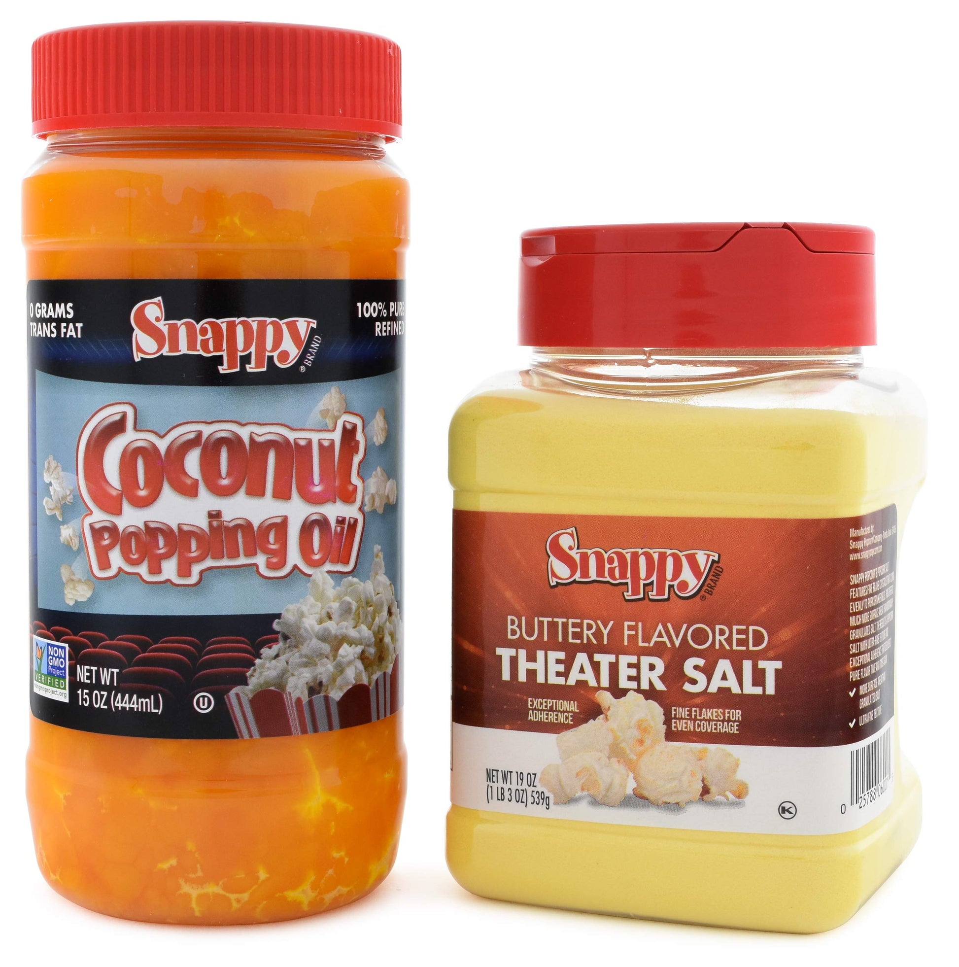 SNAPPY Coconut Popping Oil & Buttery Theater Popcorn Salt Set, 15 oz + 19 oz, 2 Piece Set