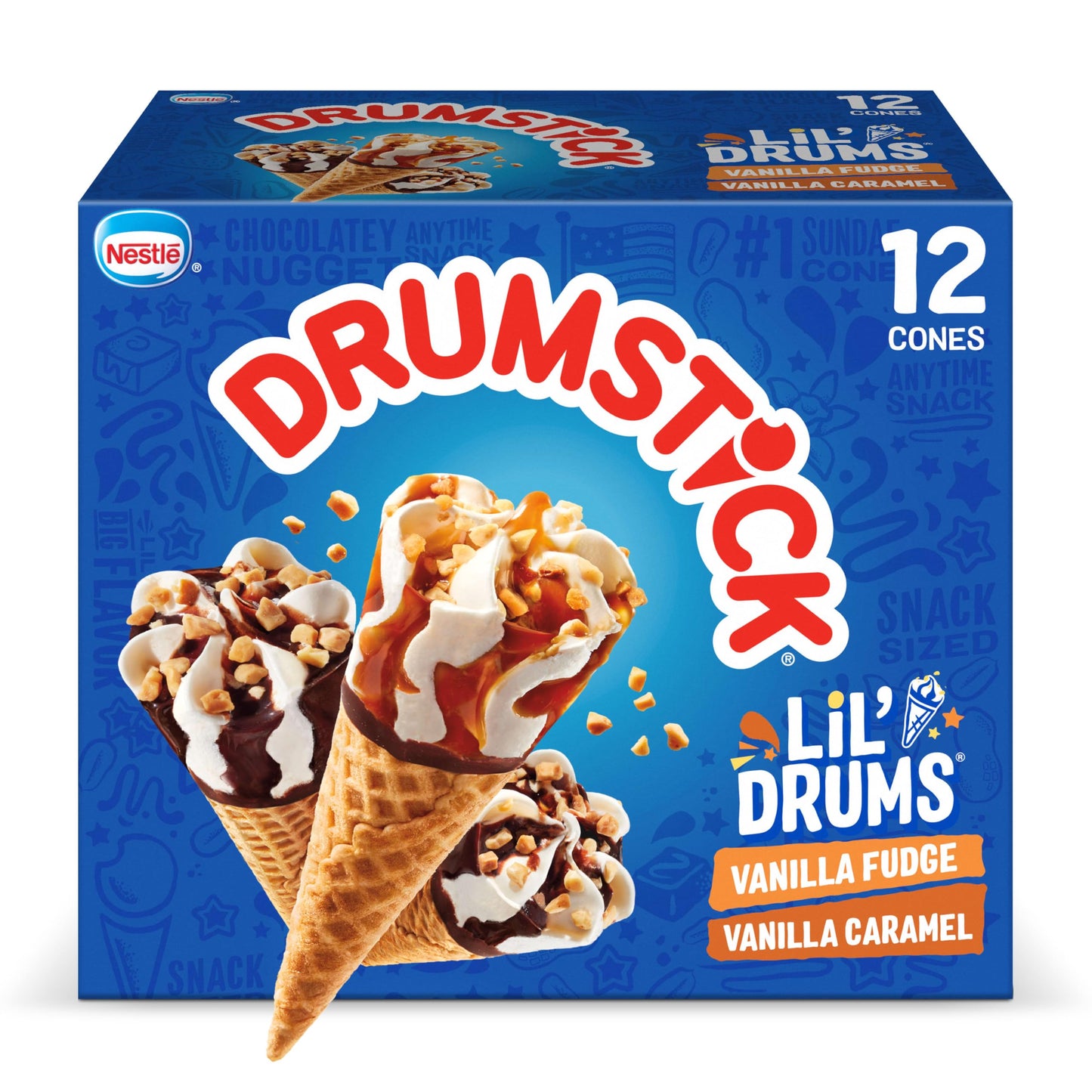 Drumstick Lil Drums Vanilla Fudge Swirl and Vanilla Swirl Sundae Cones Ice cream, caramel, 27 Fl Oz, 12 count (pack of 1)