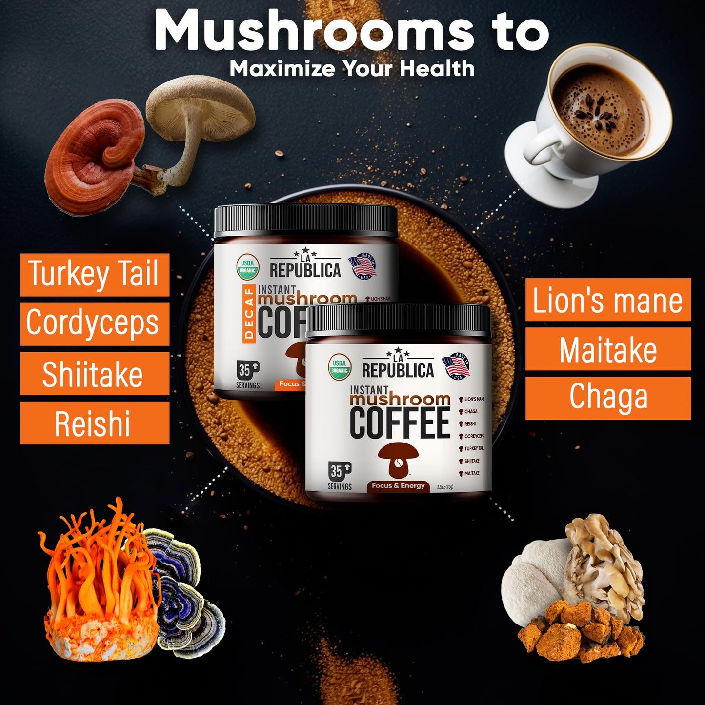 La Republica Organic Instant Mushroom Coffee (2.5Oz) + Decaf (2.5Oz) - 70 Servings With Coasters & Mixing Spoon - 100% Arabica W
