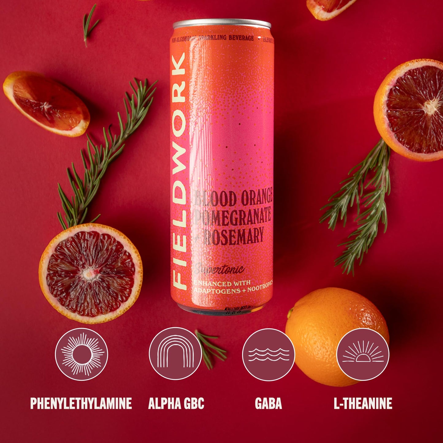 Fieldwork Adaptogen Sparkling Drink, Blood Orange + Rosemary, 12 oz Cans, 4-Pack