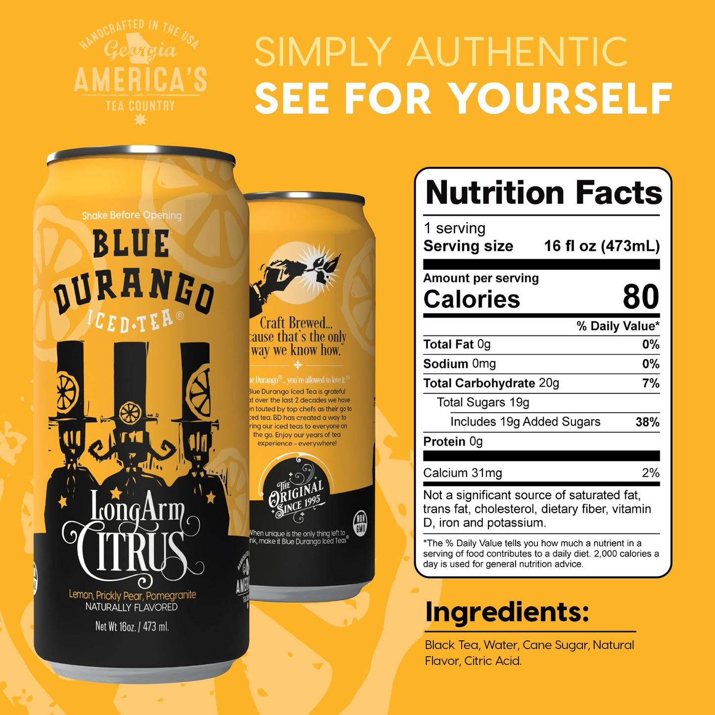 Blue Durango Iced Tea - Long Arm Citrus - Black Tea, Lemon, Prickly Pear, Pomegranate - Low Sugar, Non-Gmo, No Artificial Sweete