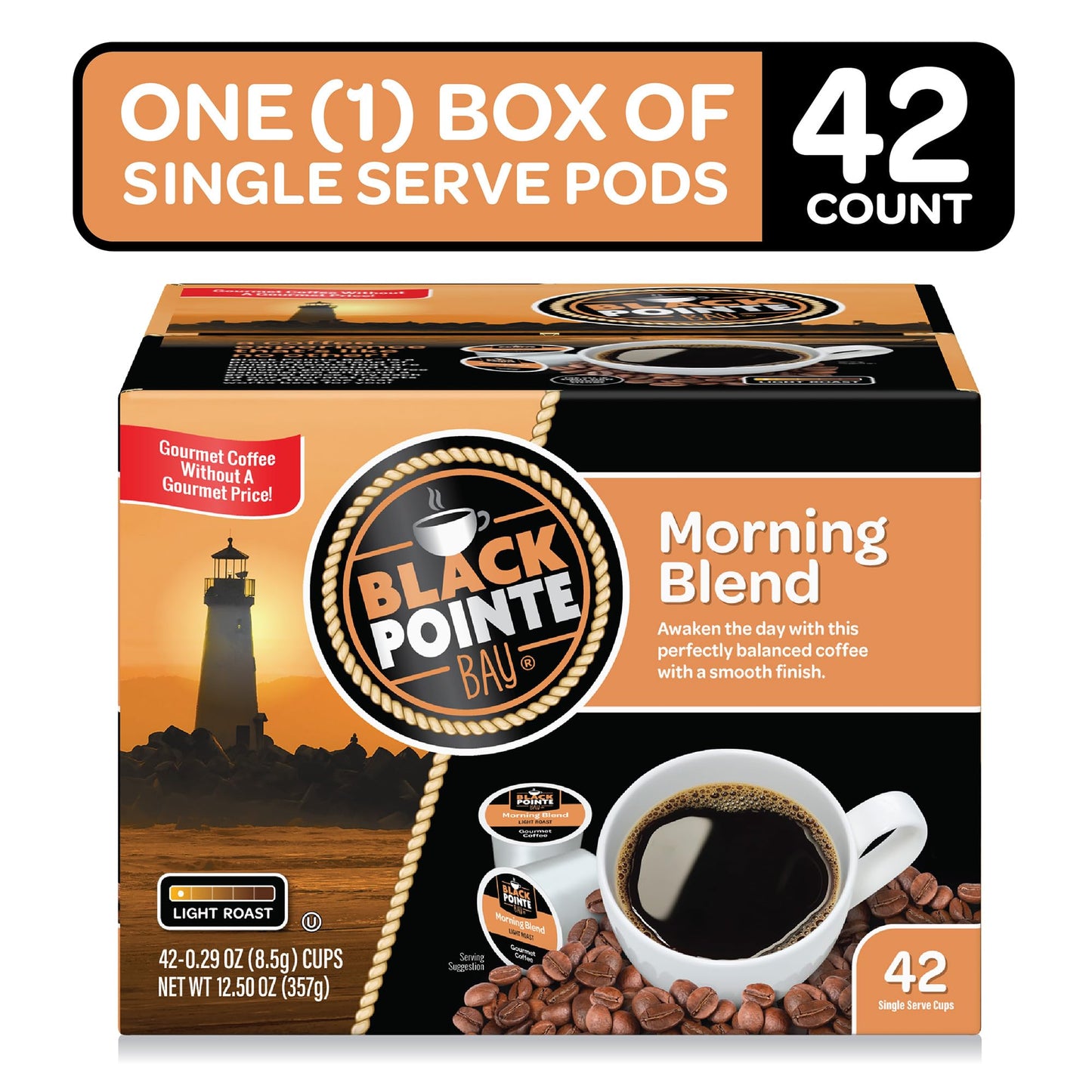 Black Pointe Bay Coffee Pods, Morning Blend Light Roast, 42 Count for Keurig K-Cup malt-inspired
