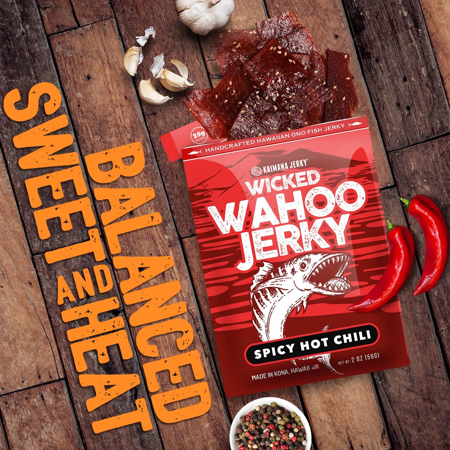 Kaimana Jerky Spicy Chili Wahoo Ono Fish Jerky - Organic Smoked, Low-Calorie, 2oz (Pack of 3)