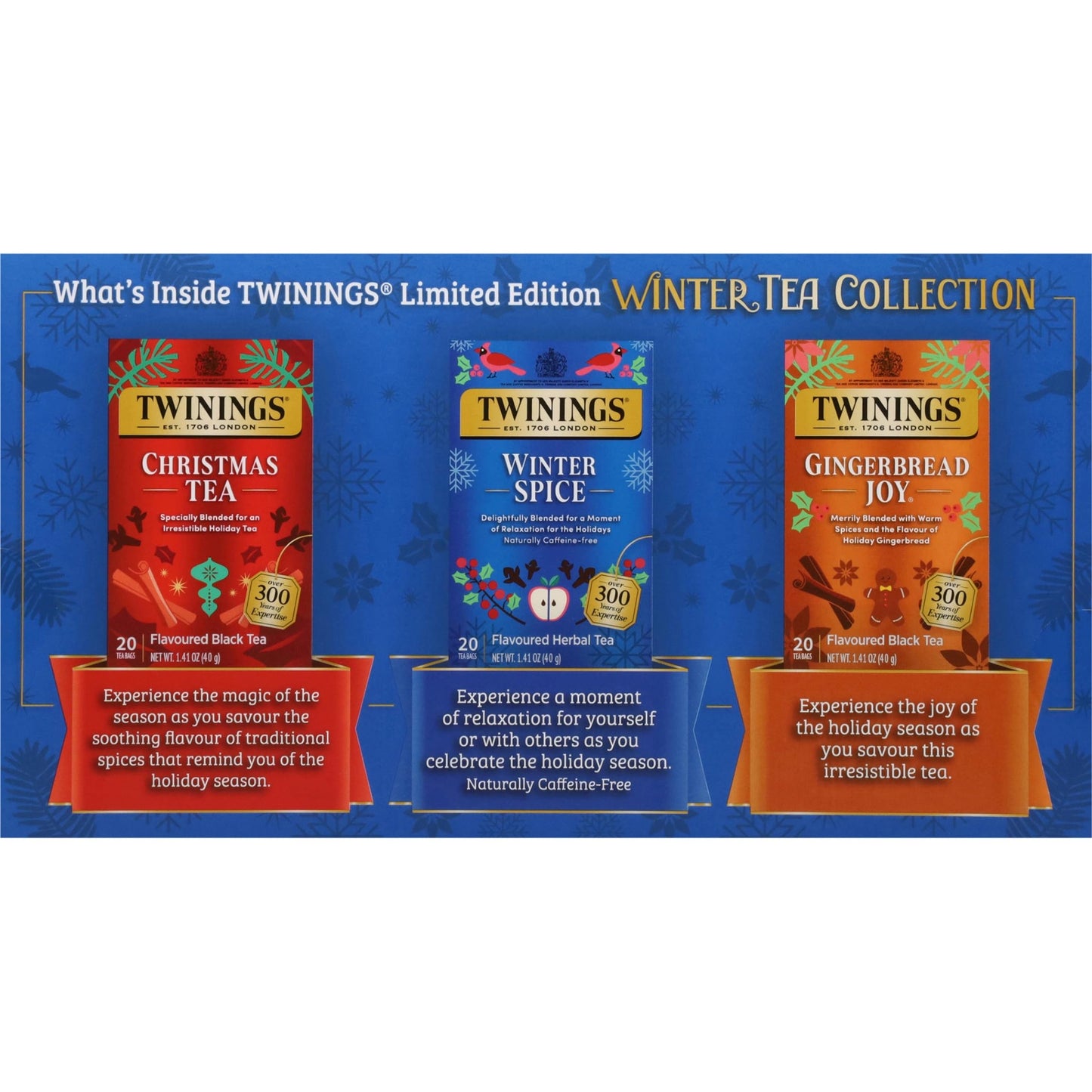 Twinings Winter Tea Collection, Limited Edition Holiday Gift Box, 20 Count (Pack Of 3), Includes Christmas Tea, Winter Spice, An