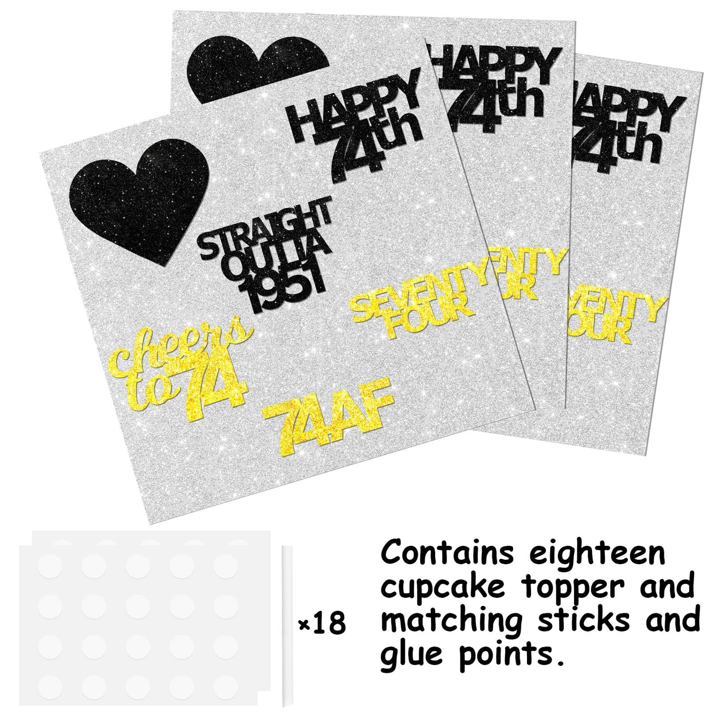 18Pcs Black Gold Glitter Dessert Cupcake Pick For Straight Outta 1951 Cheer To 74 Years Old Theme Decor Supplies Happy 74Th Birt