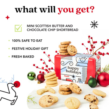 David’S Cookies Shortbread Cookies In Happy Holidays Gift Tin – Festive Holiday Cookie Sampler Gift Box For Christmas & Family Gatherings – Mini Scottish Butter And Chocolate Chip Shortbread