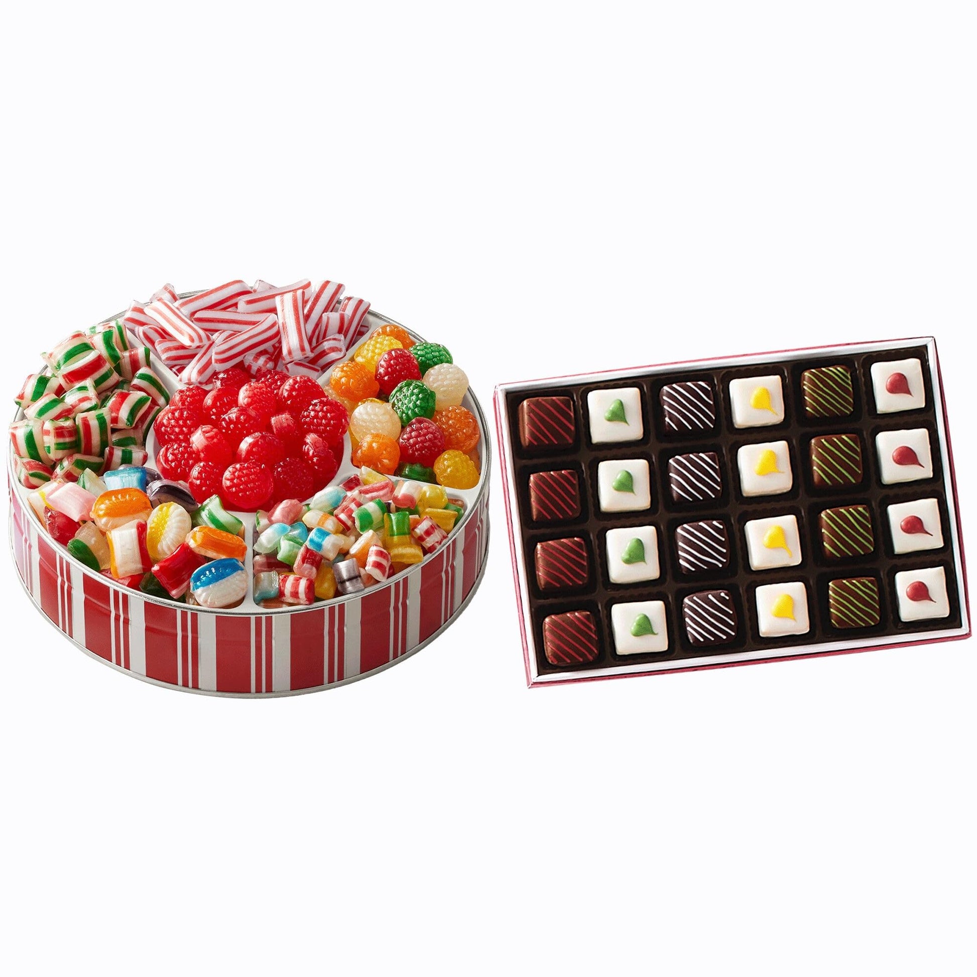 The Swiss Colony Christmas Petits Fours - Assorted Chocolate And Gourmet Mini Layer Cakes Holiday Gift Pack Of 24 With Traditional Old Fashioned Candy Assortment With Hard Candy  Ribbons  And More