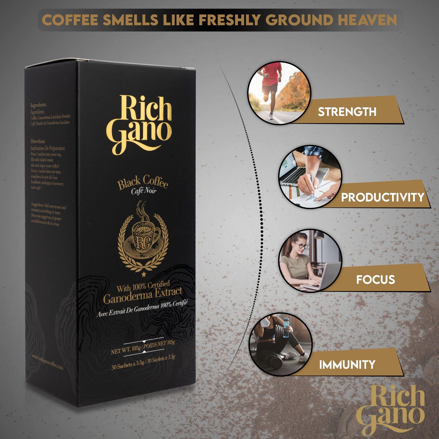 Rich Gano Reishi Mushroom Coffee – Instant Black Coffee with Ganoderma Extract – 30 Sachets – Vegan Friendly – Immune Support
