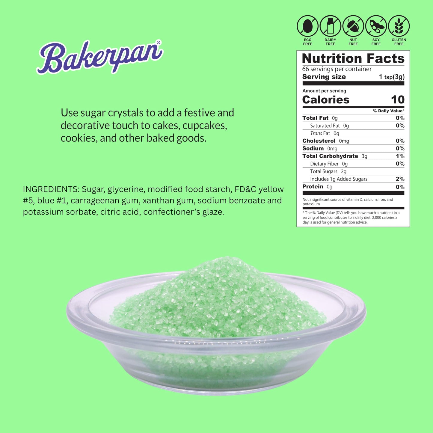 Bakerpan Sugar Sprinkles For Baking - 7 Ounce Mint Green Decorating Sugar Crystals For Cookies, Cake Pops, Ice Cream (Made In Us