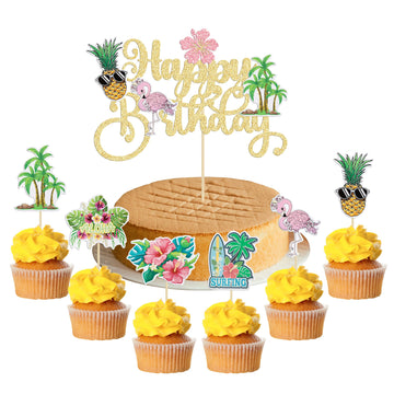 Gyufise 25Pcs Tropical Luau Cupcake Toppers With Happy Birthday Flamingo Cake Topper Palm Tree Flamingo Pineapple Aloha Cupcake