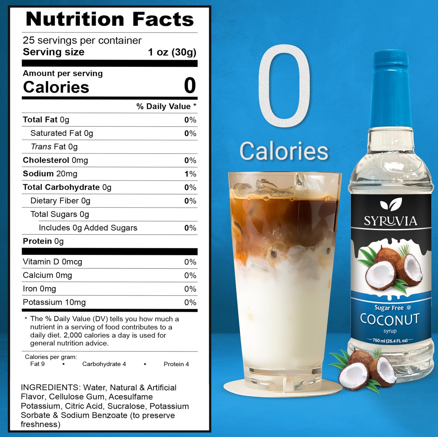Syruvia Sugar Free Coconut Syrup With Syrup Pump Dispenser - Coconut Coffee Syrup Flavor, 25.4 Fl Oz, Kosher, Gluten Free, Perfe