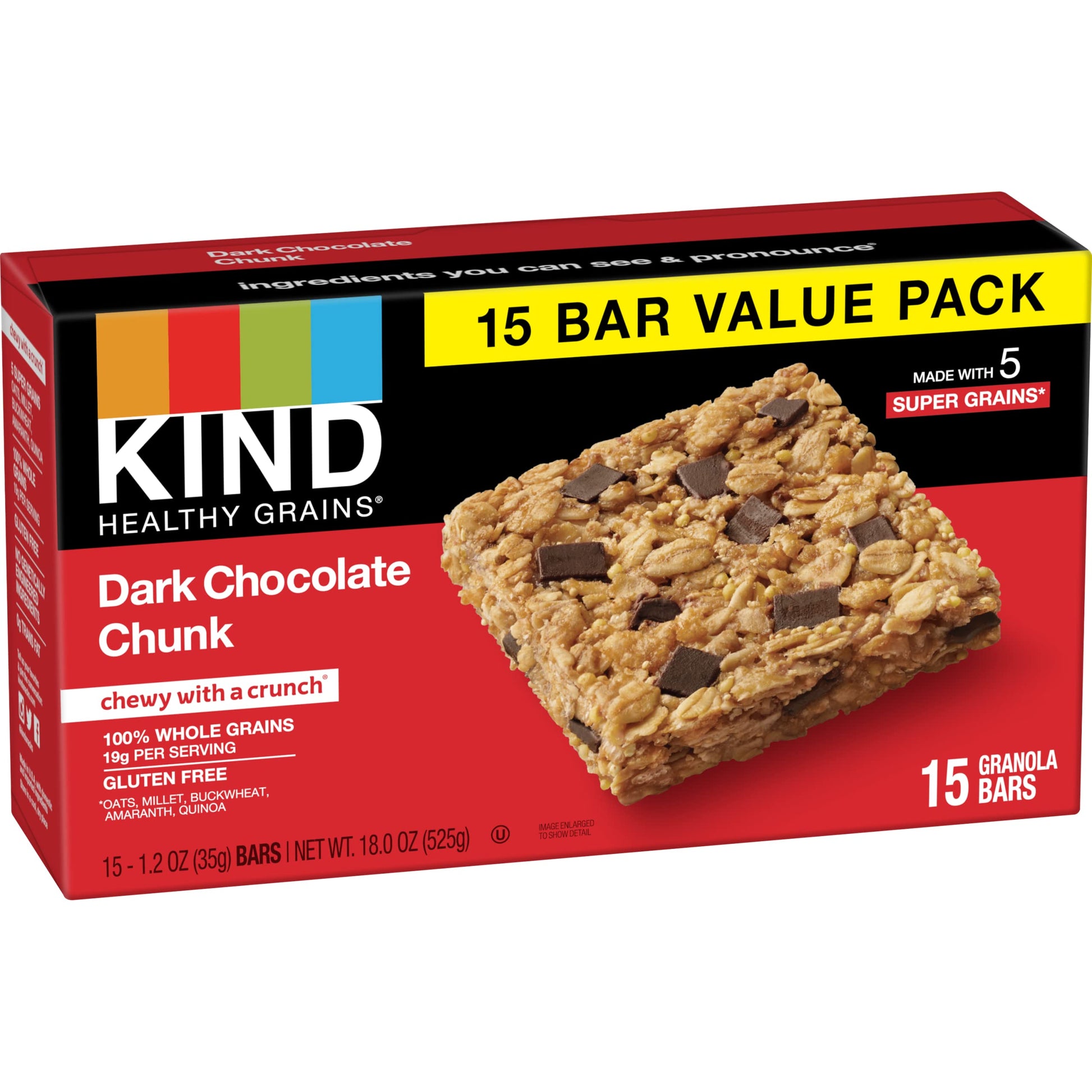 Kind Healthy Grains Bars, Dark Chocolate Chunk, 1.2 Ounce,Gluten Free, 15 Count (Pack Of 4)