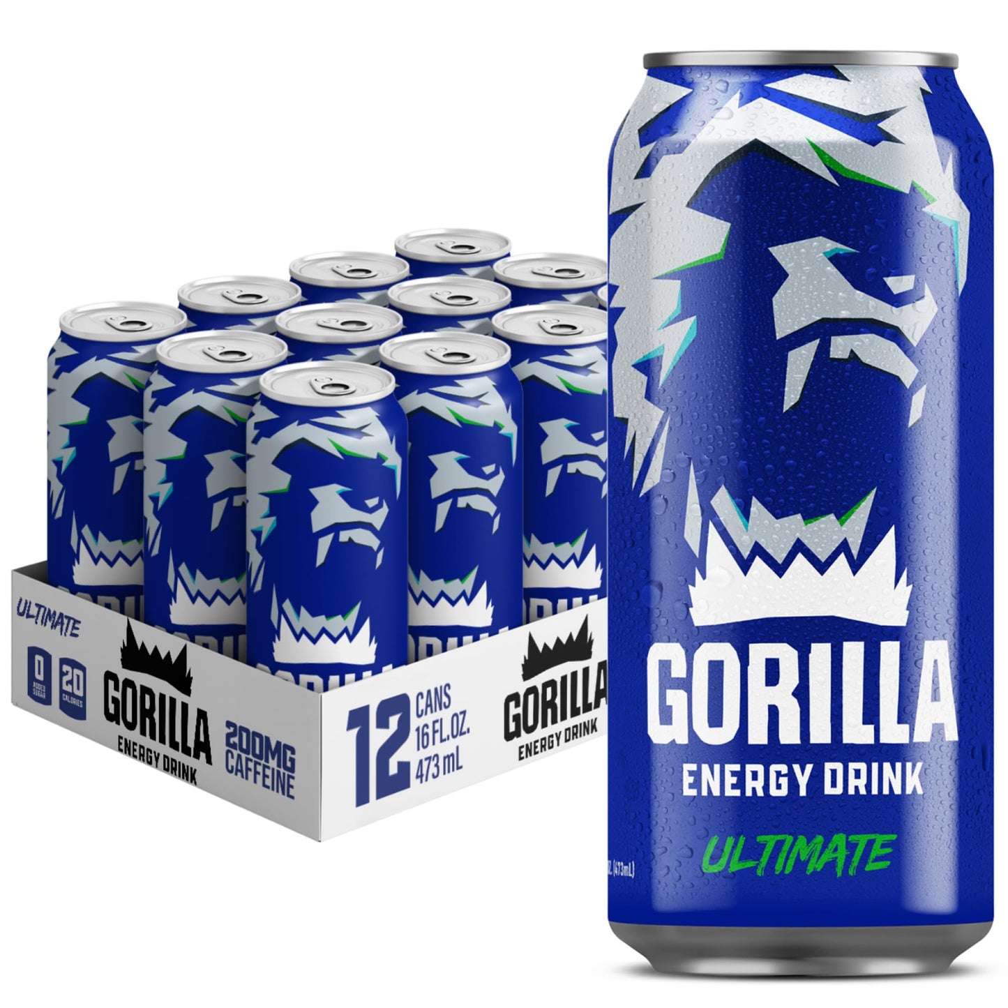Gorilla Energy Original Energy Drink, Zero Sugar, 200mg Caffeine, 12 Pack, 16 oz Cans