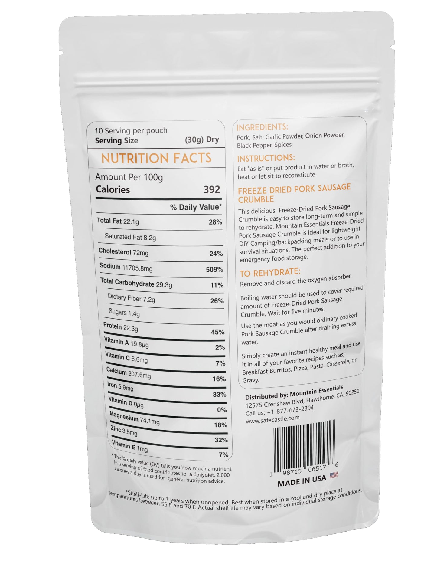 Mountain Essentials Freeze-Dried Pork Sausage Crumble – Fully Cooked & Ready To Eat | Traditional Flavor | Enhanced Quality Everyday Meals, Camping & Emergency Survival Food | 10 Servings | Made In Usa | 7-Year Shelf Life