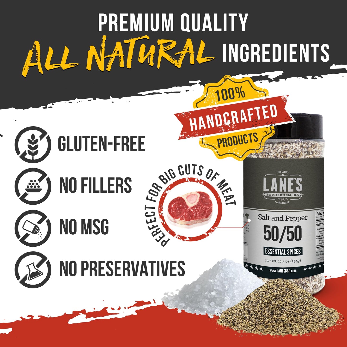 Lane'S 50/50 Salt And Pepper Seasoning, All-Natural Salt & Pepper Spice, 16 Mesh Coarse Black Pepper Seasoning Salt, Gluten-Free