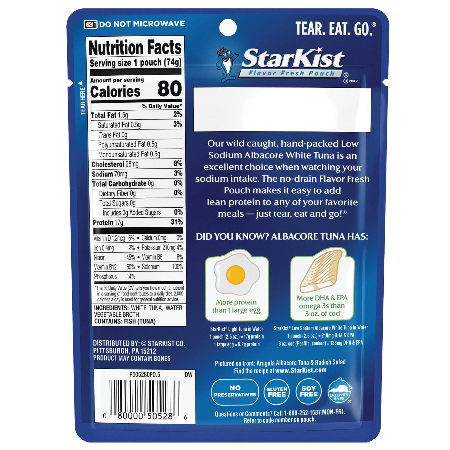 StarKist Low Sodium Albacore White Tuna in Water, 2.6 oz Pouch (24 Pack) Ready to Eat Wild Caught Tuna, 17g Protein, 80 Calories