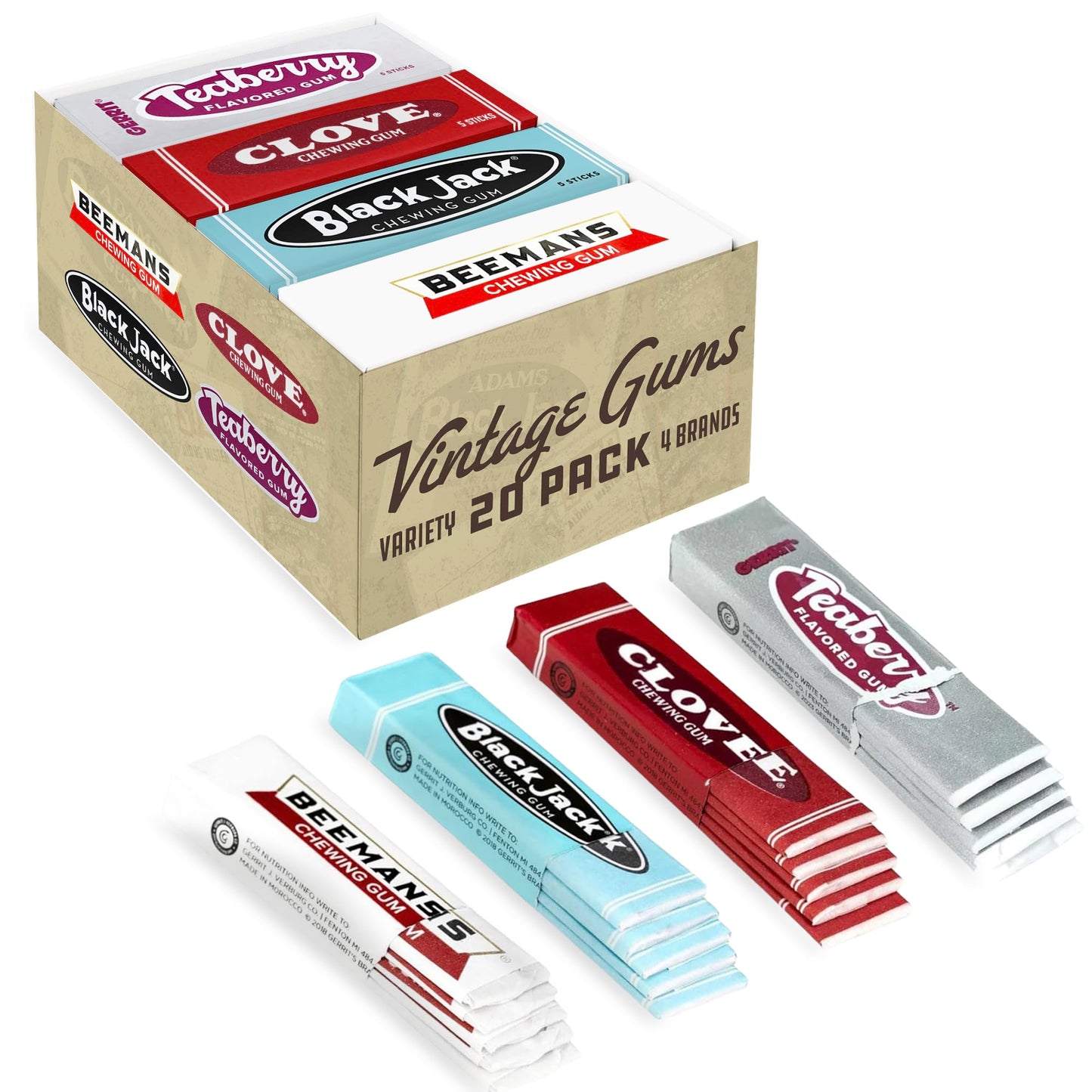 Gerrits 20 Count Variety Gum Pack - Clove  Beemans  Teaberry  & Black Jack Nostalgic Chewing Gum Bulk Pack  Old-Fashioned Candy  4 Flavors  Old School Candy
