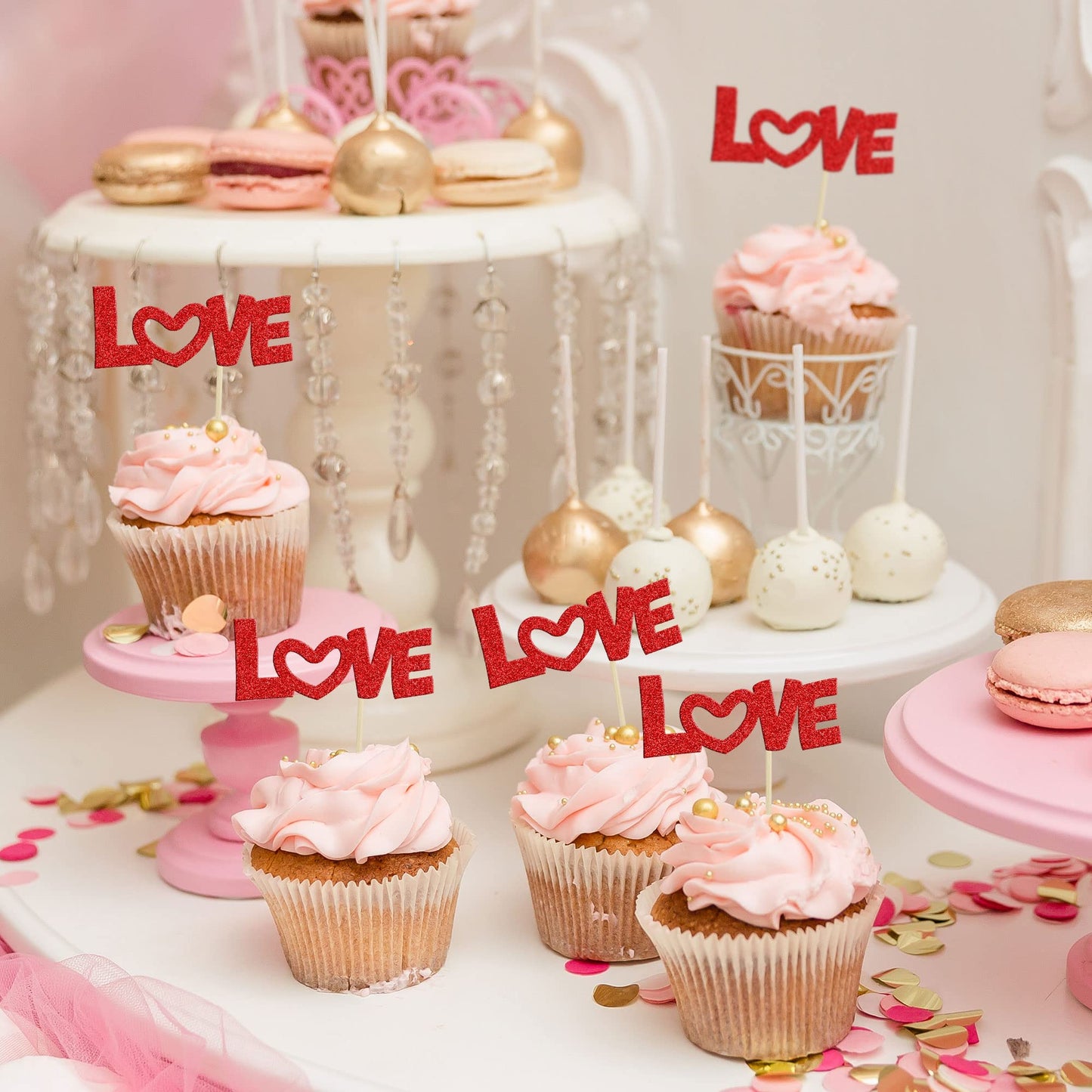 24Pcs Valentine'S Day Love Cupcake Toppers Glitter Pink Bow Sweet Love Cupcake Picks Valentine'S Day Theme Wedding Engagement Br