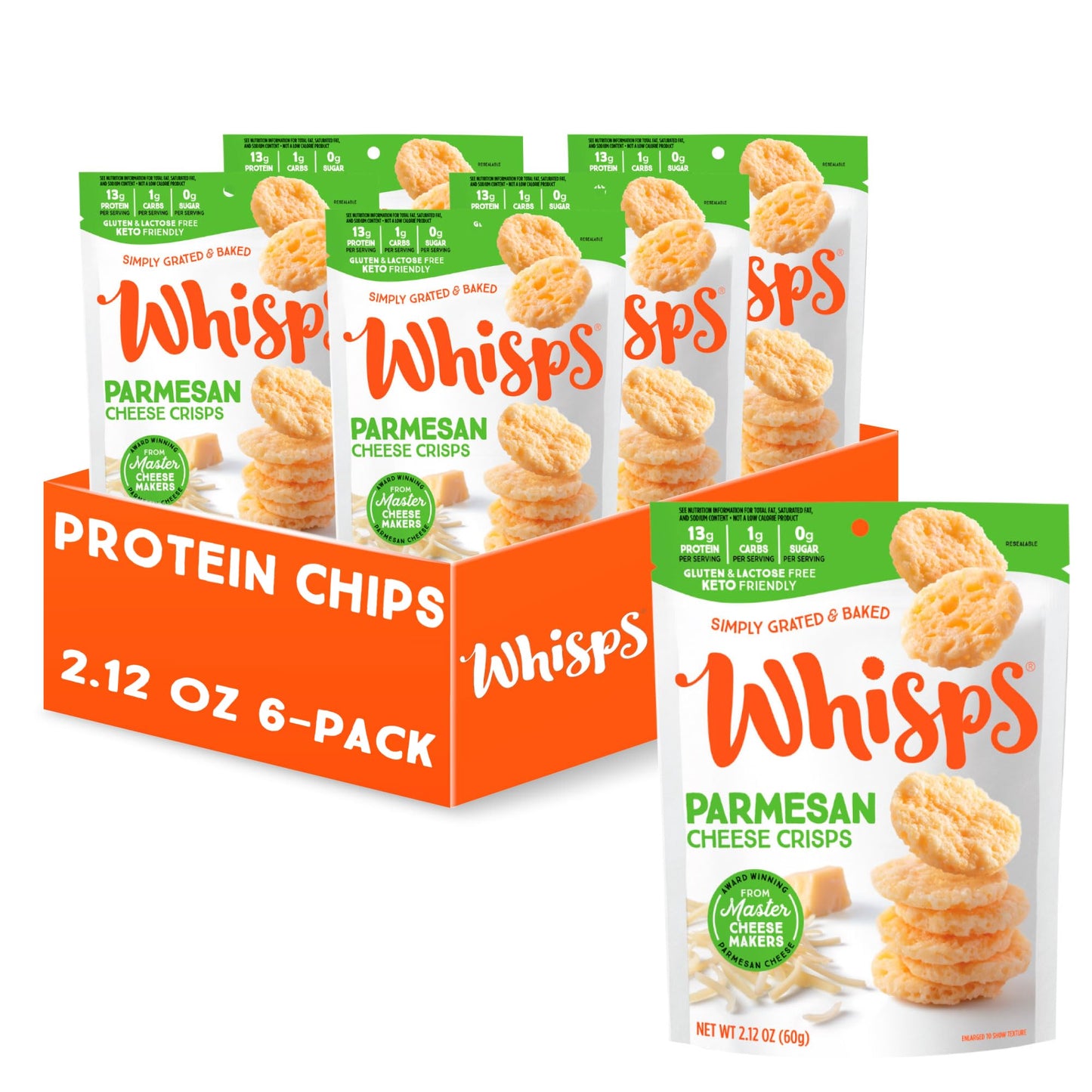 Whisps Parmesan Cheese Crisps | High Protein Gluten Free Snacks | 2.12 Oz, 6 Pack