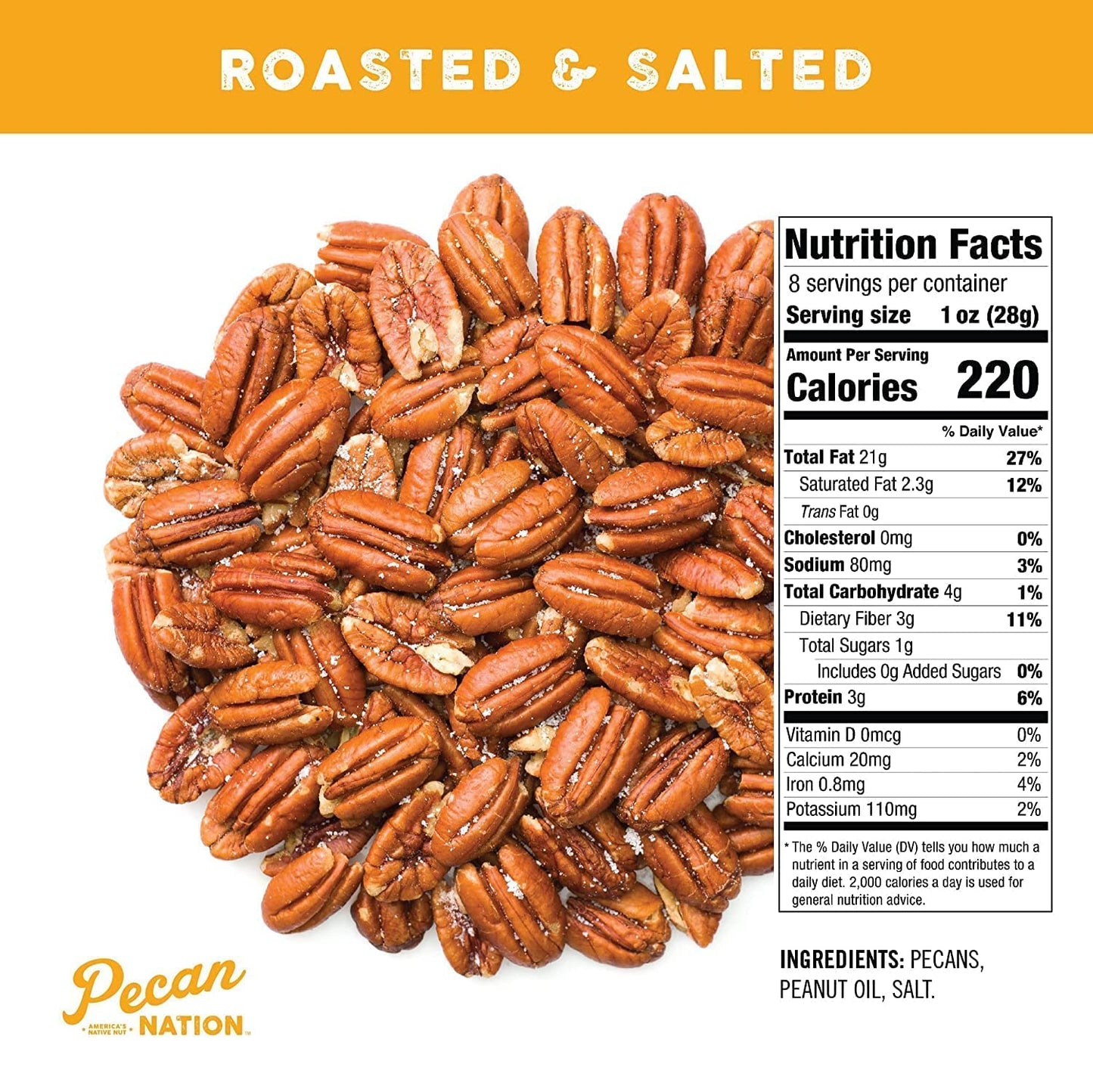 Pecan Nation Roasted & Salted Pecan Halves 8 oz., Natural, No preservatives, Antioxidant-Rich, Low Carb, Dry Roasted, Healthy Sn