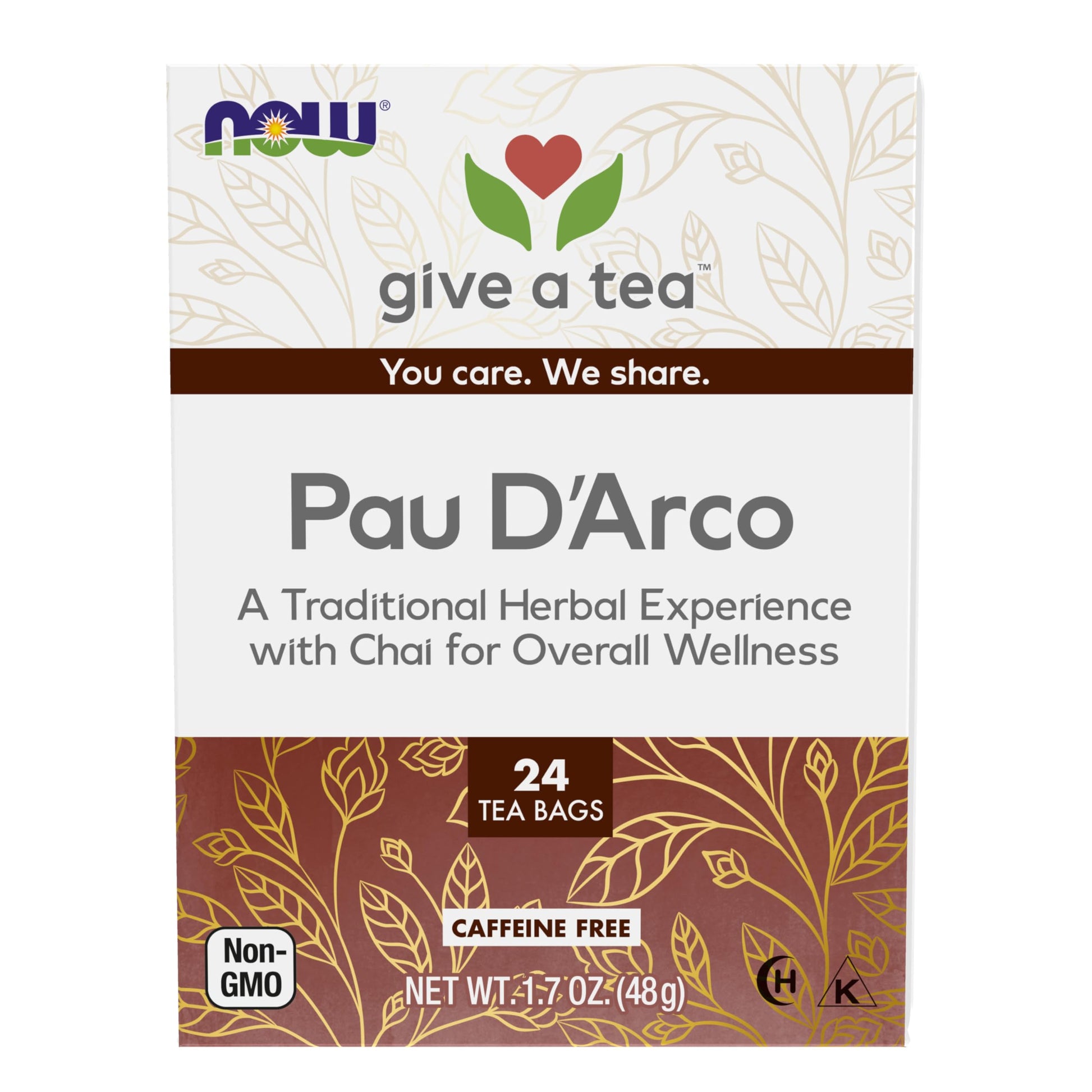 NOW Foods, Pau DArco Tea, A Traditional Herbal Experience, Overall Wellness, enhanced Unbleached Tea Bags with No-Staples Design, 24-Count