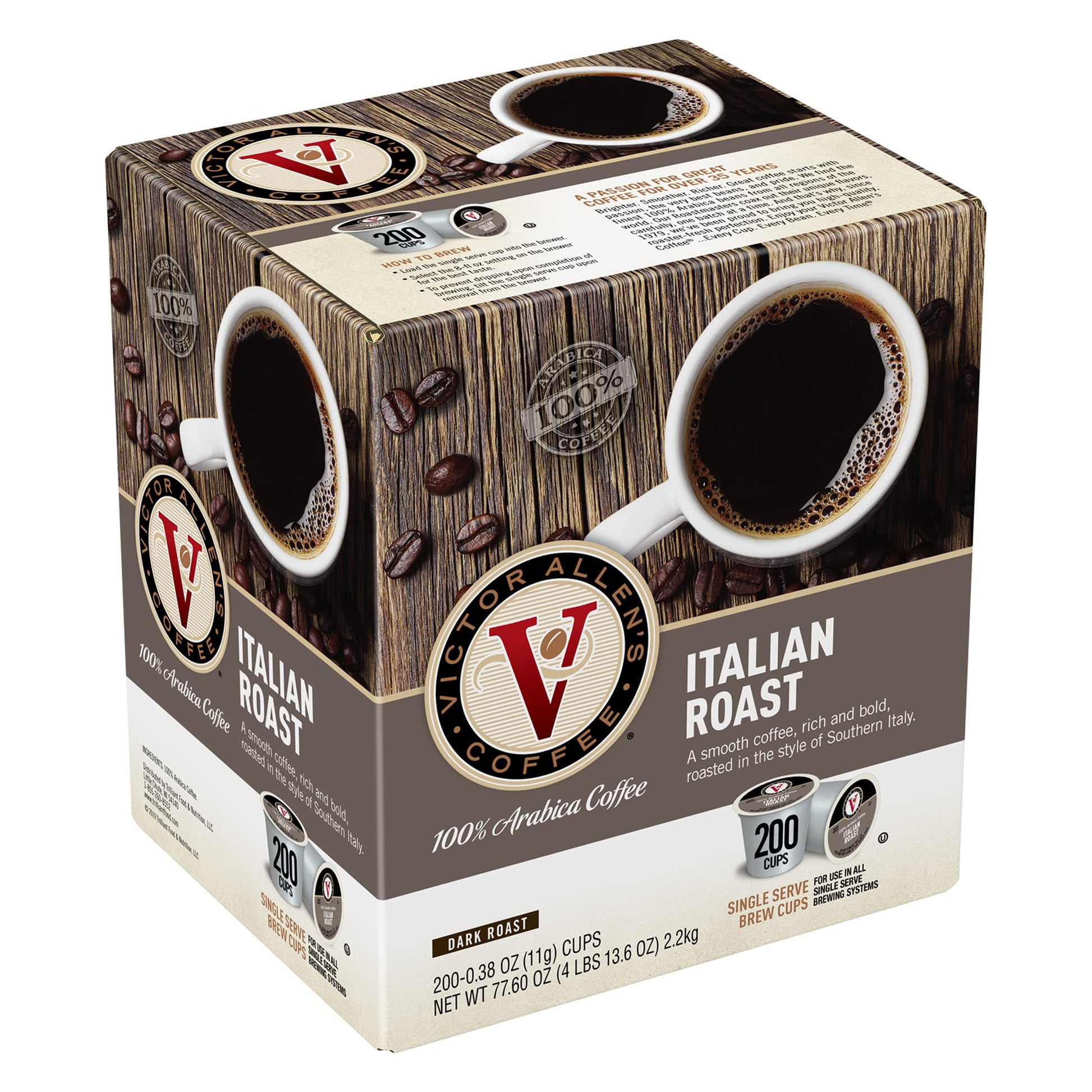 Victor Allen Coffee Italian Roast Dark Roast 200 Count Single Serve Pods for Keurig K-Cup Brewers