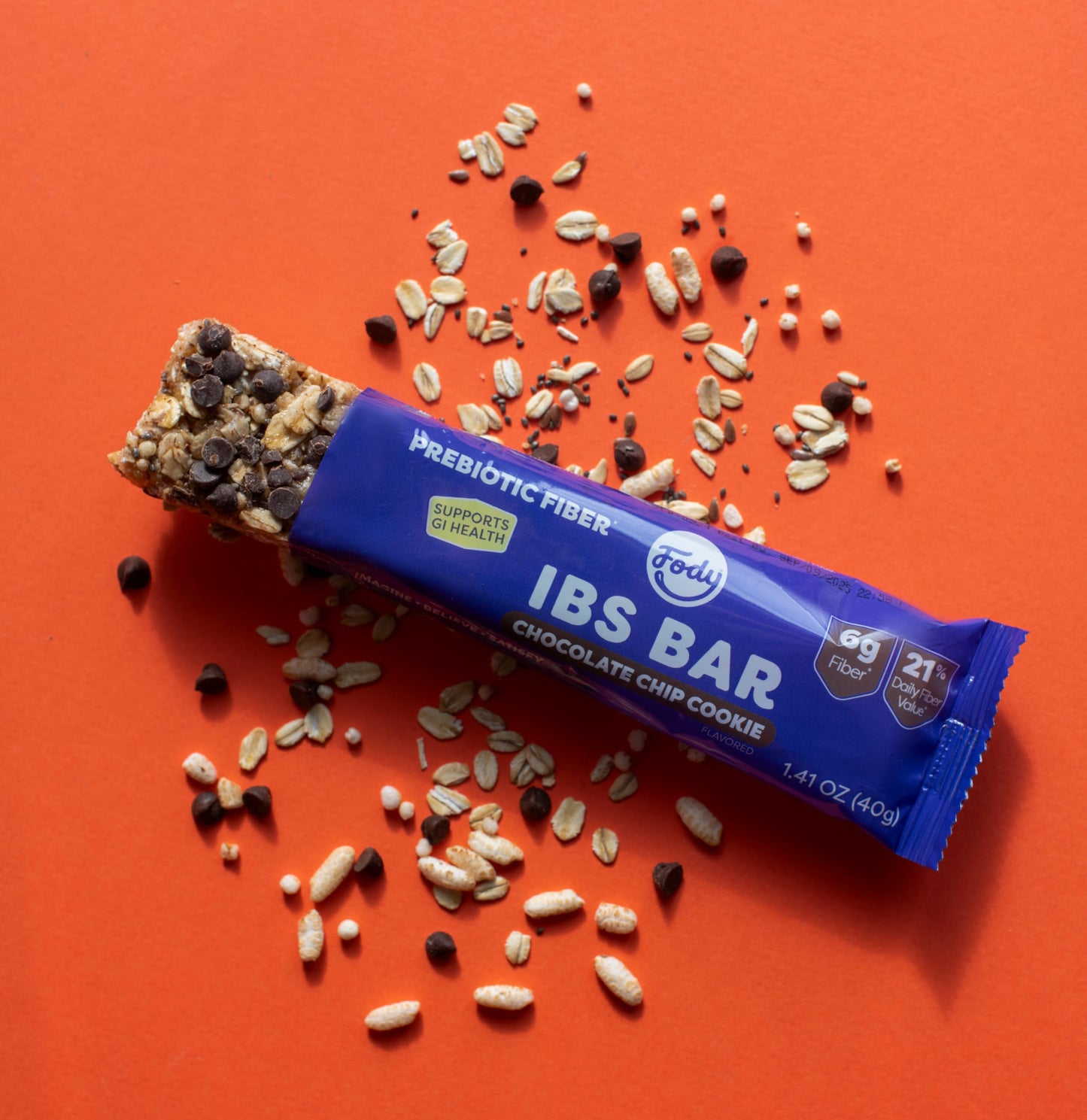 Fody Foods IBS Snack Bars  Chocolate Chip Cookie  1.41 Oz (Pack of 12)  6g Prebiotic Fiber  Low FODMAP  Gut & IBS Friendly  Lactose Free  Non-GMO  Gluten Free