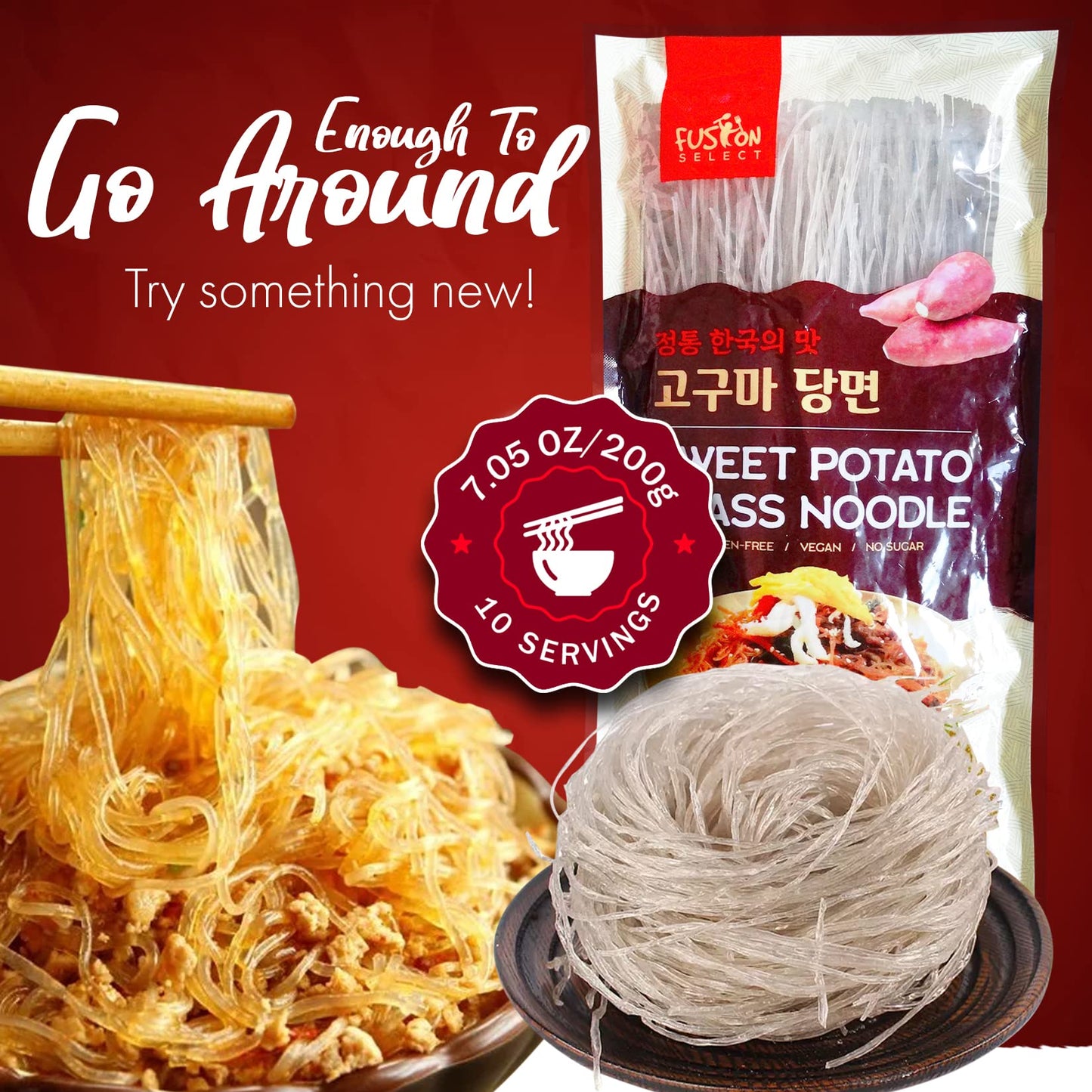 Fusion Select 2 Packs Sweet Potato Glass Noodles - Zero-Fat, Low-Calorie, No-Sodium Diet-Friendly, Gluten-Free, Vegan, Stir-Fry,