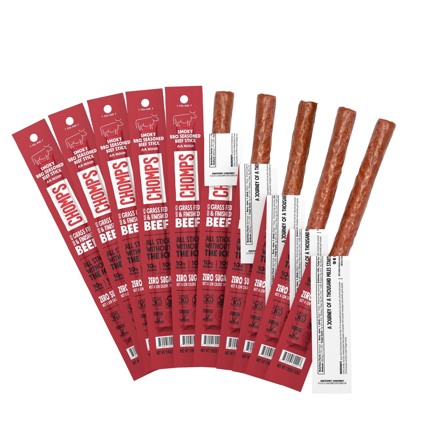 Chomps Beef Jerky Snack Sticks - Smoky BBQ, 10-Pack, 1.15 Ounce, Keto, Gluten-Free, Non-GMO, Zero Sugar