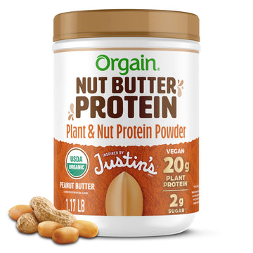 Orgain X Justin's  Organic Vegan Nut Butter Protein Powder, Peanut Butter- 20g Plant Protein, 2g Sugar, Gluten Free, No Dairy, S