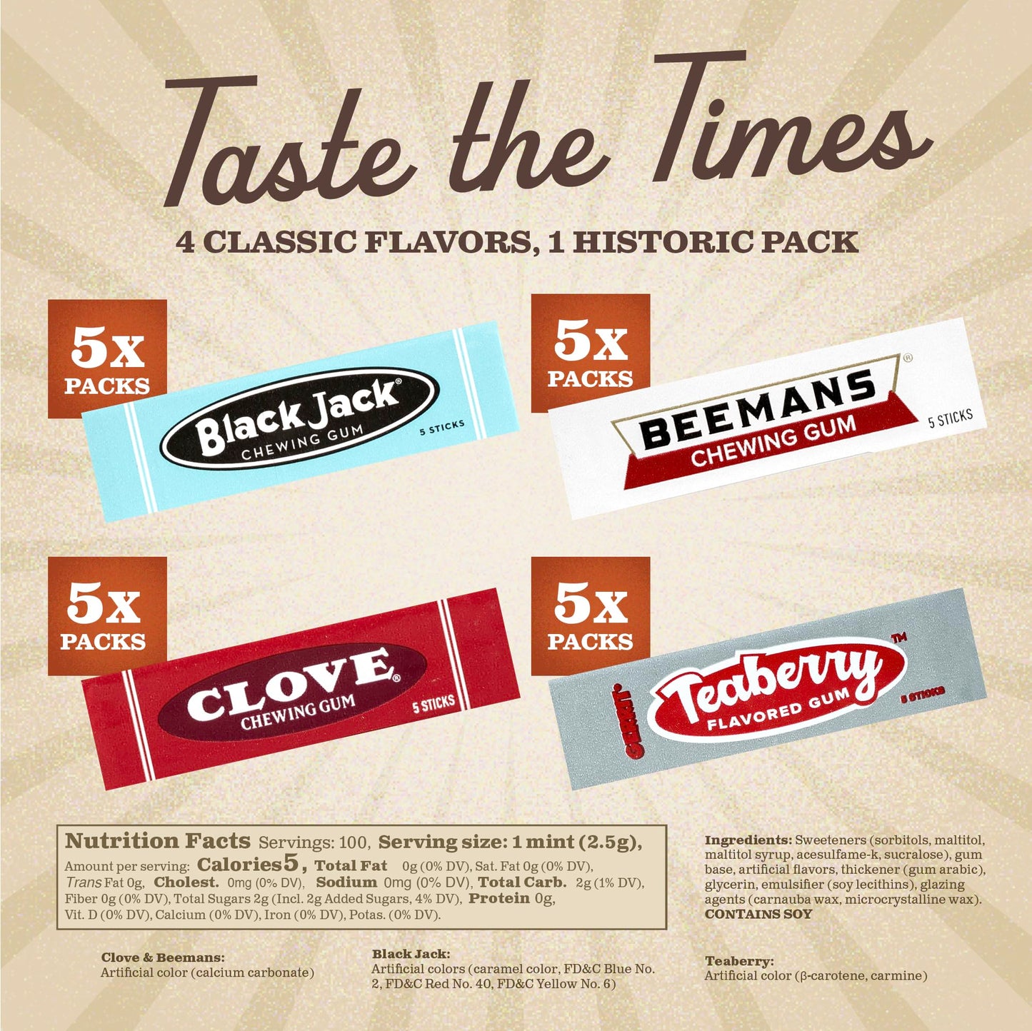 Gerrits 20 Count Variety Gum Pack - Clove  Beemans  Teaberry  & Black Jack Nostalgic Chewing Gum Bulk Pack  Old-Fashioned Candy  4 Flavors  Old School Candy