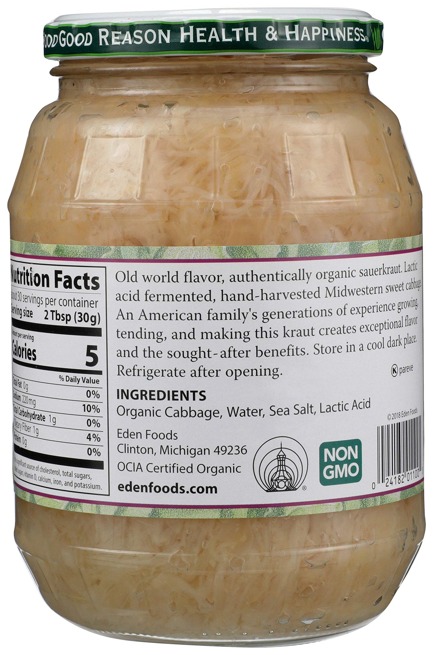 Eden Organic Sauerkraut, 32 Oz Glass Jar, Fine Cut