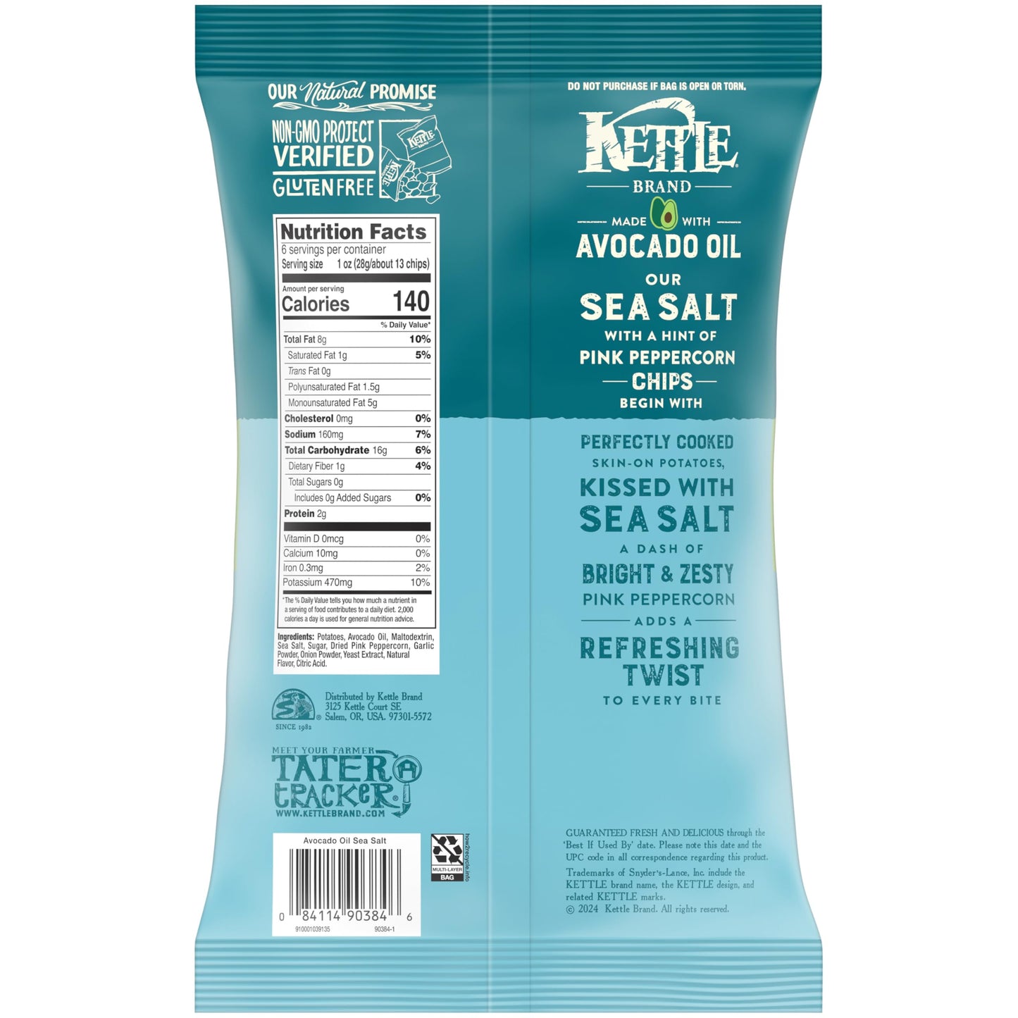 Kettle Brand Sea Salt Pink Peppercorn Chips, 6 Oz Bag - Made with Avocado Oil, Perfect Snack
