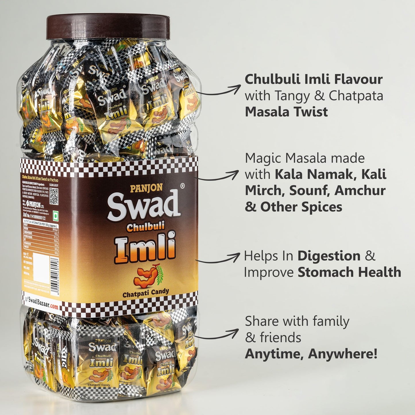 Swad Chulbuli Imli Hard Candy Jar 150 Pieces Authentic Tangy Tamarind Chatpati Candy Traditional Indian Snack Natural Ingredients Mouth Freshener Perfect Party Favor Gift
