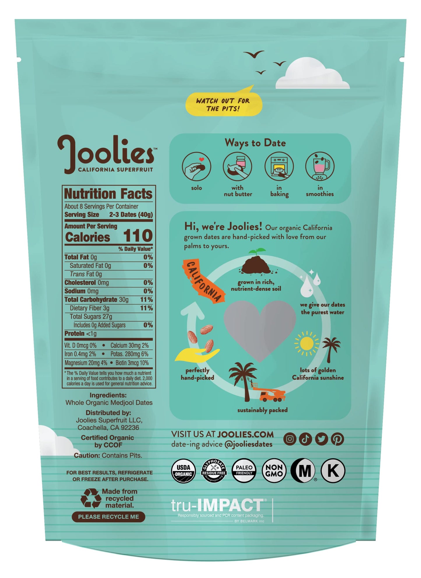 Joolies Organic Whole Medjool Dates | 12 Ounce Pouch | Fresh California Grown Fruit | Vegan  Gluten-Free  Paleo  No Sugar Added | Great Source of Fiber & Antioxidants