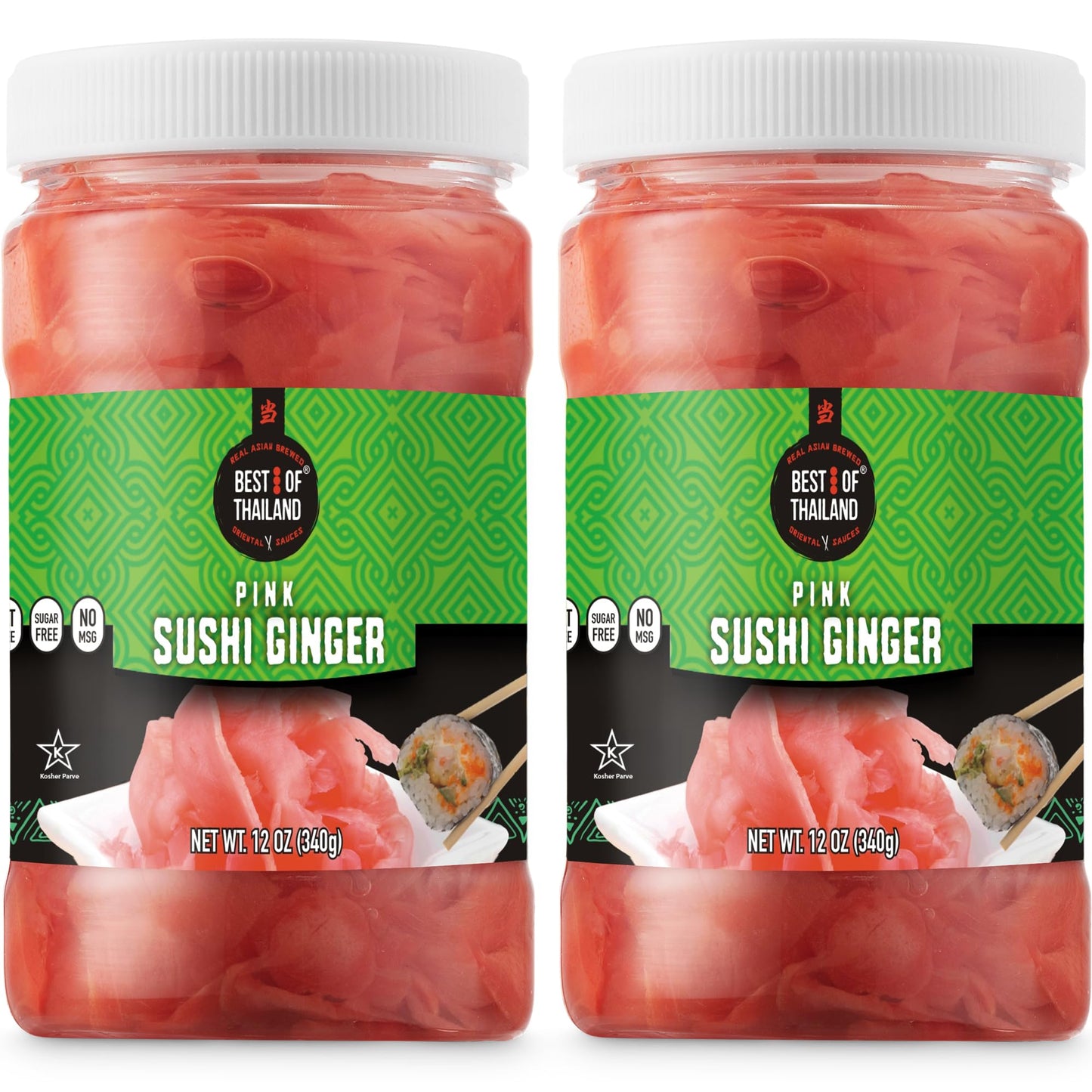 Best of Thailand Japanese Pink Pickled Sushi Ginger | No MSG | 2 Jars of 12oz Fresh Sliced Young Gari Pickled Ginger in Sweet Pi