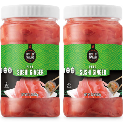Best of Thailand Japanese Pink Pickled Sushi Ginger | No MSG | 2 Jars of 12oz Fresh Sliced Young Gari Pickled Ginger in Sweet Pi