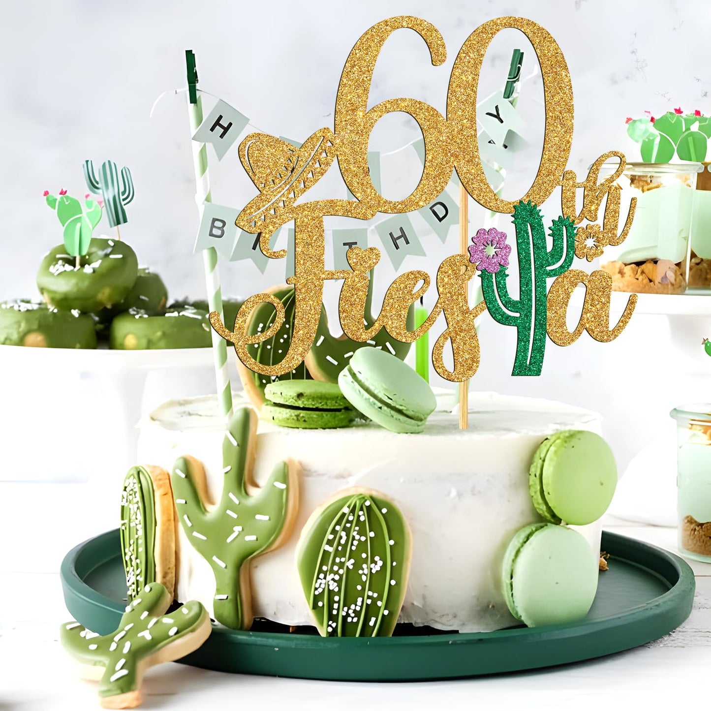 Tivurcia 60Th Fiesta Cake Topper, Cheers To 60 Years/Taco Bout 60 Cake Decor,Tropical Hawaiian Mexican Summer Themed Happy 60Th