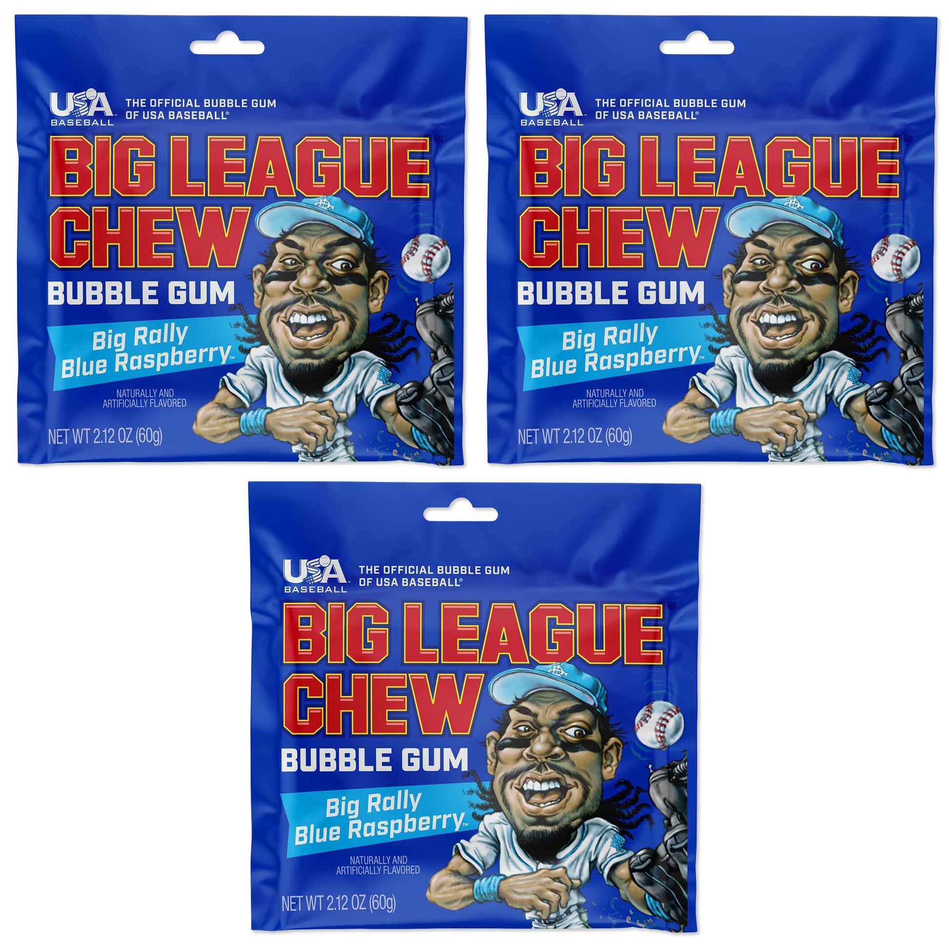 Big League Chew Blue Raspberry Bubble Gum 3-Pack - 2.12oz Packets - Baseball Candy for Treats & Party Favors