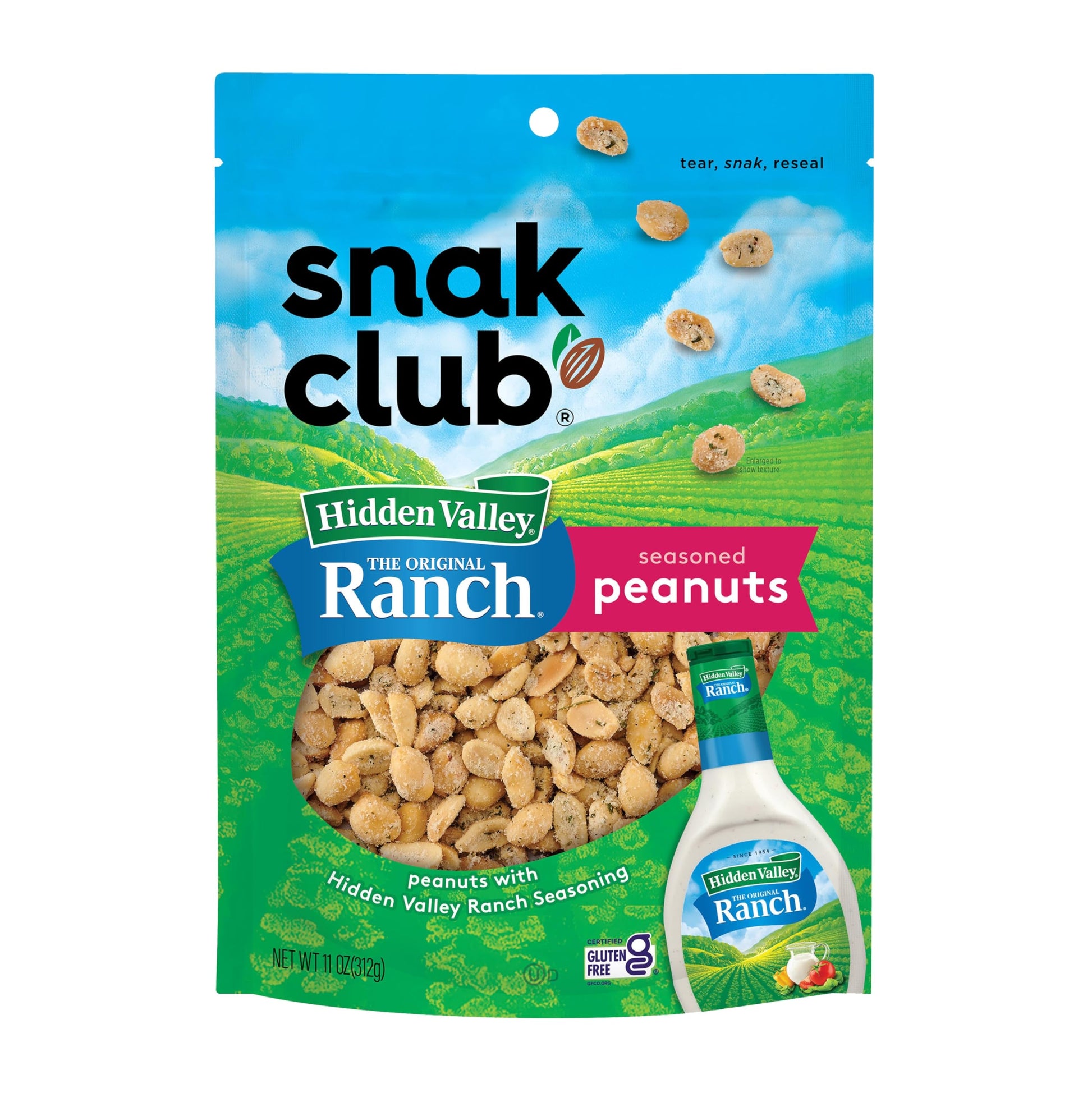 Snak Club Peanuts with Hidden Valley Ranch Seasoning, Gluten-Free Snack, 11 oz Resealable Bag
