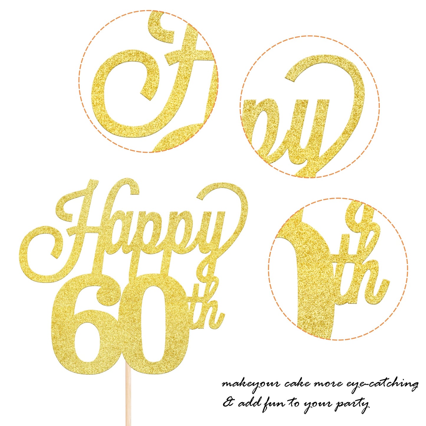 YCTHUNFISH 60th Birthday Cake Topper, Black Glitter Number 60, Bamboo Material, Gold Color, Party Supplies for Anniversary Celebrations