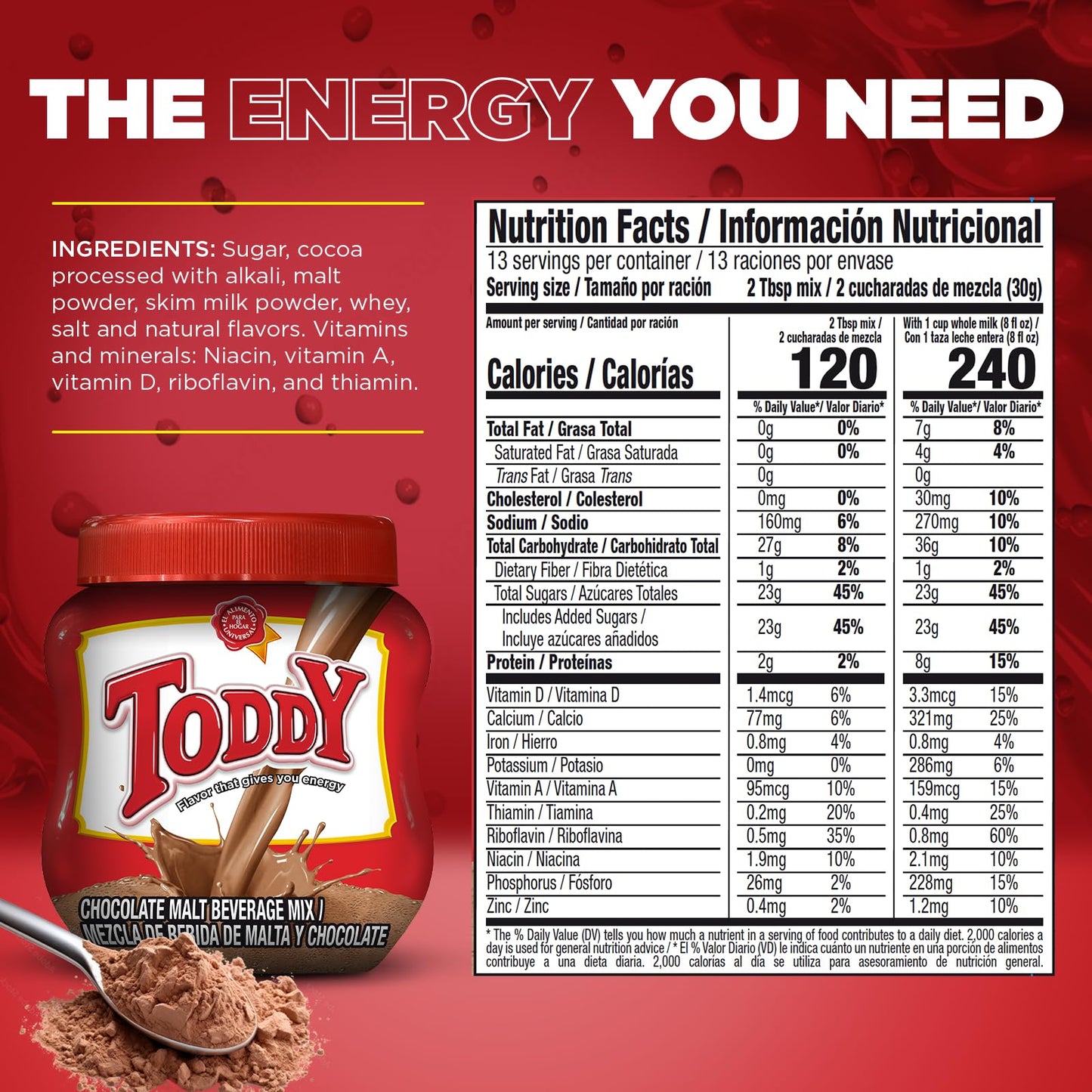 Toddy Chocolate Powder Drink Mix - Breakfast Shake with Vitamins and Proteins for Kids & Adults - Hot & Cold Beverage