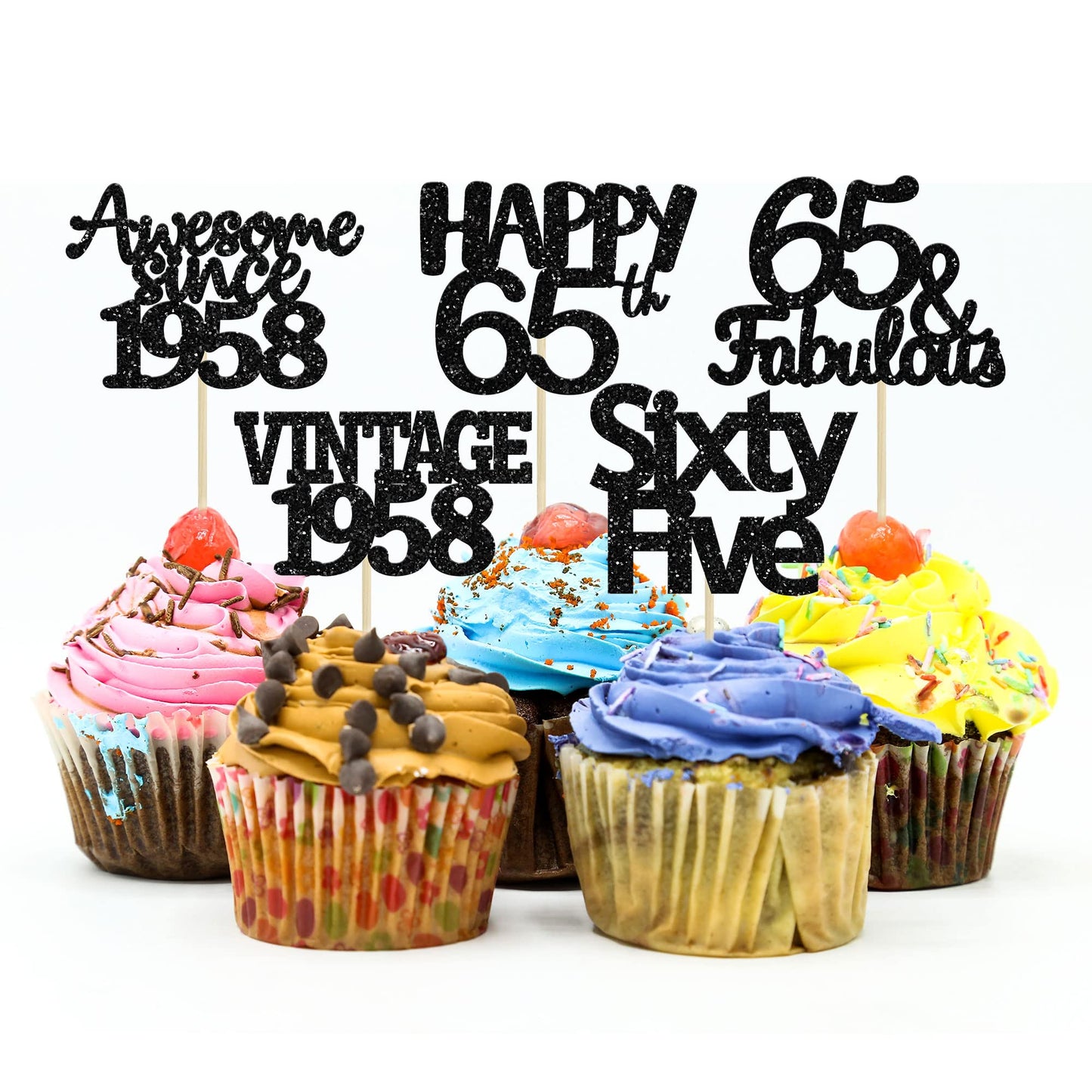 Gyufise 30 Pack Gold Glitter 65th Birthday Cupcake Toppers Vintage 1958 Cake Toppers Hello 65 Cake Topper Sixty Five 65 & Fabulo