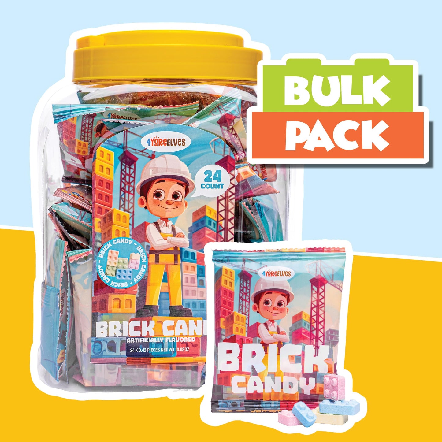 Candy Bricks, 24 Individual Party Favor Bags Of Tutti Frutti Flavored Candy Blocks For Construction Themed Fun, Brick Shaped Can