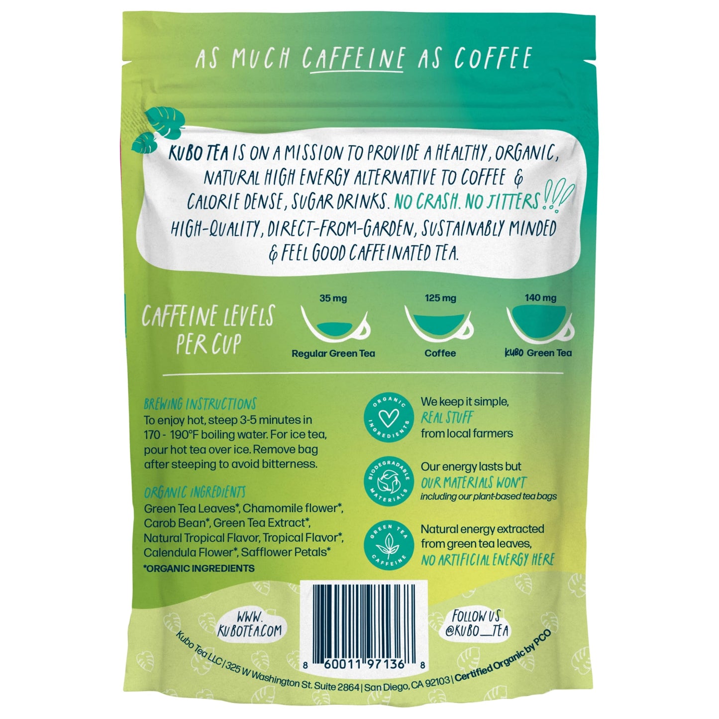 High Caffeine Tea (155 Mg) - Kubo Tea: Organic Tropical Green Tea Bags For Clean Energy & Focus | Healthy Coffee Substitute | Refreshing Caffeine Blend | 20 Ct | Compostable Packaging