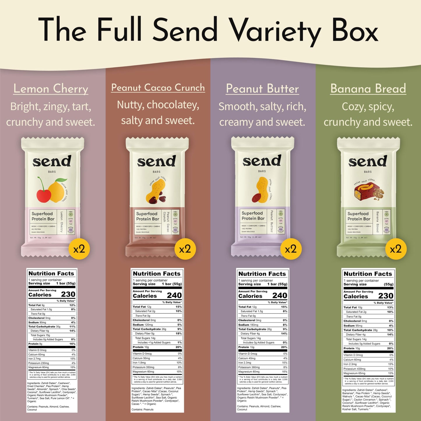 Send Bars Plant-Based Vegan Healthy Protein Bars, With Greens (Variety Pack, 8 Bars) – Only Real Ingredients, Zero Added Sugar, Gluten-Free, Dairy-Free