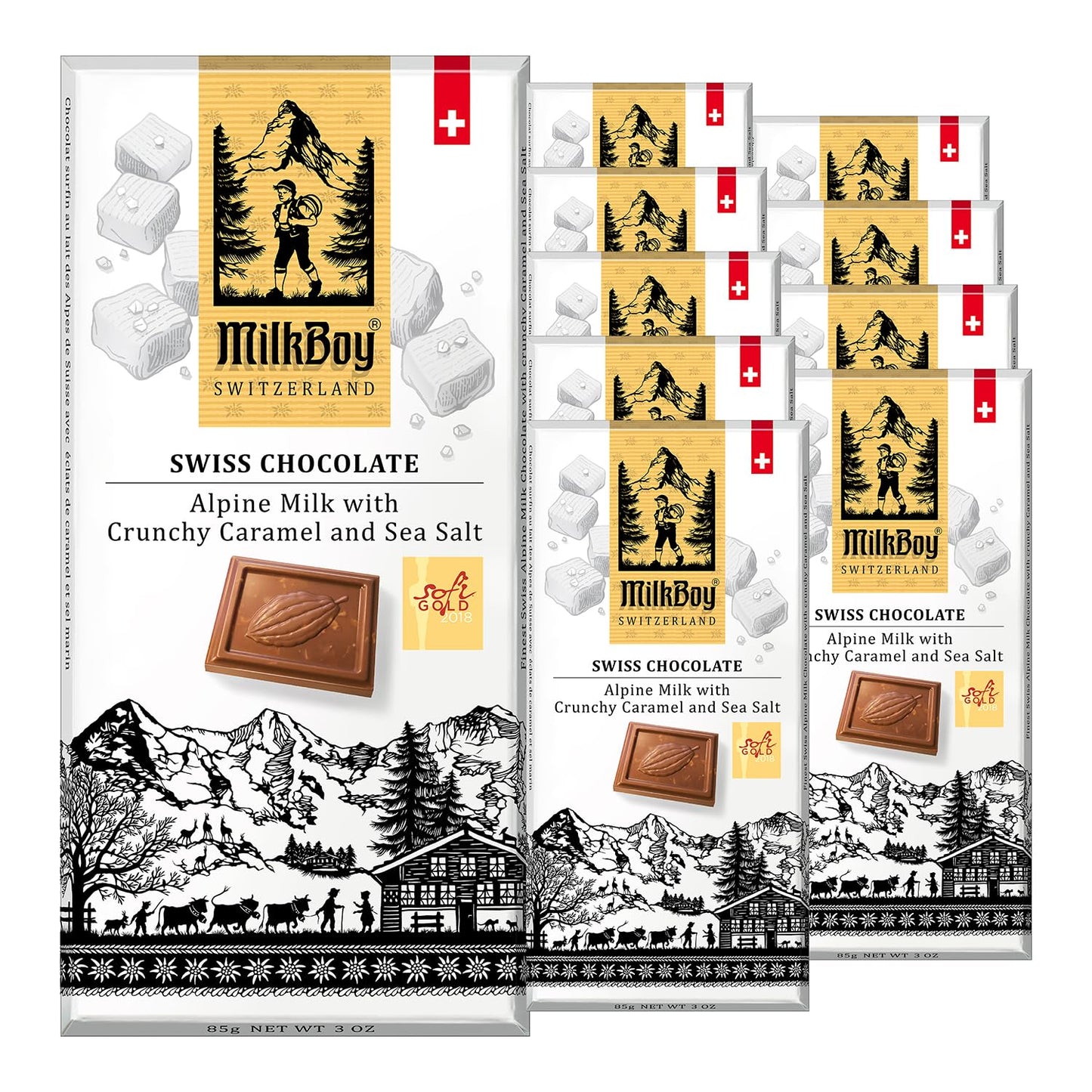Milkboy Swiss Chocolates Milk Chocolate Bars, Gluten-Free, Non-GMO, 3 oz Pack of 10, Crunchy Caramel Sea Salt, Chocolate